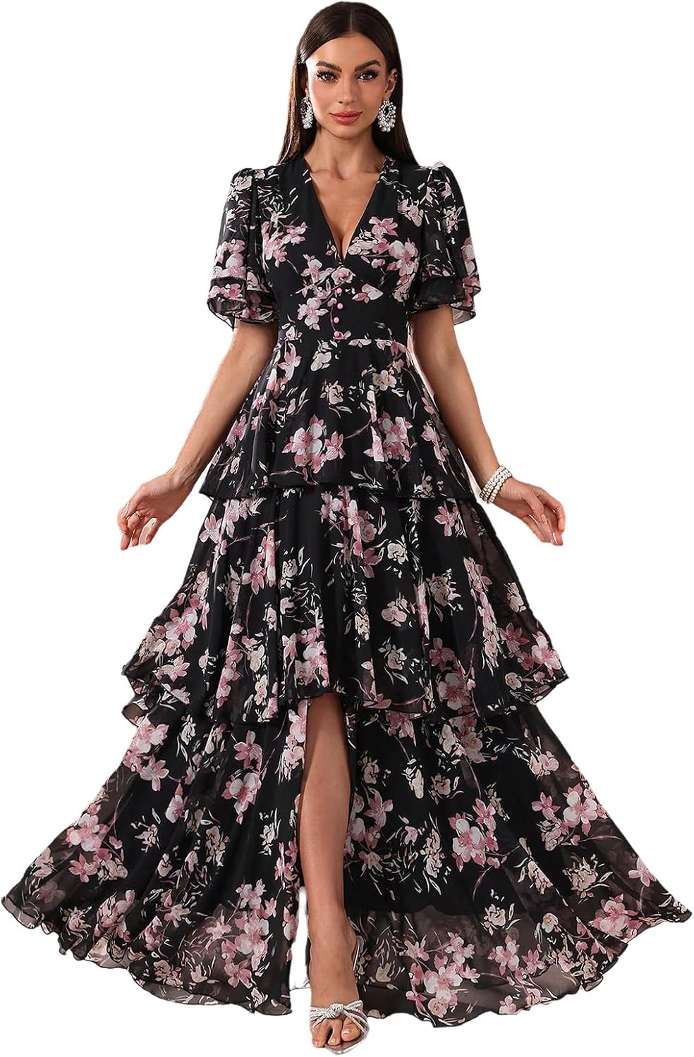 TOLEEN Summer Casual Dresses for Women 2024 Spring Fashion Boho V Neck Long Sleeve Ruffle Floral Print Elegant Maxi Dress