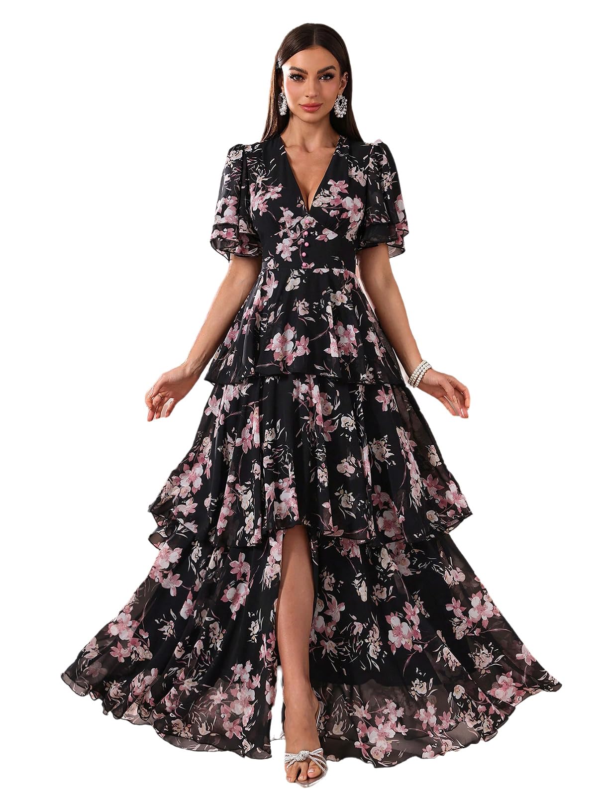 TOLEEN Summer Casual Dresses for Women 2024 Spring Fashion Boho V Neck Long Sleeve Ruffle Floral Print Elegant Maxi Dress