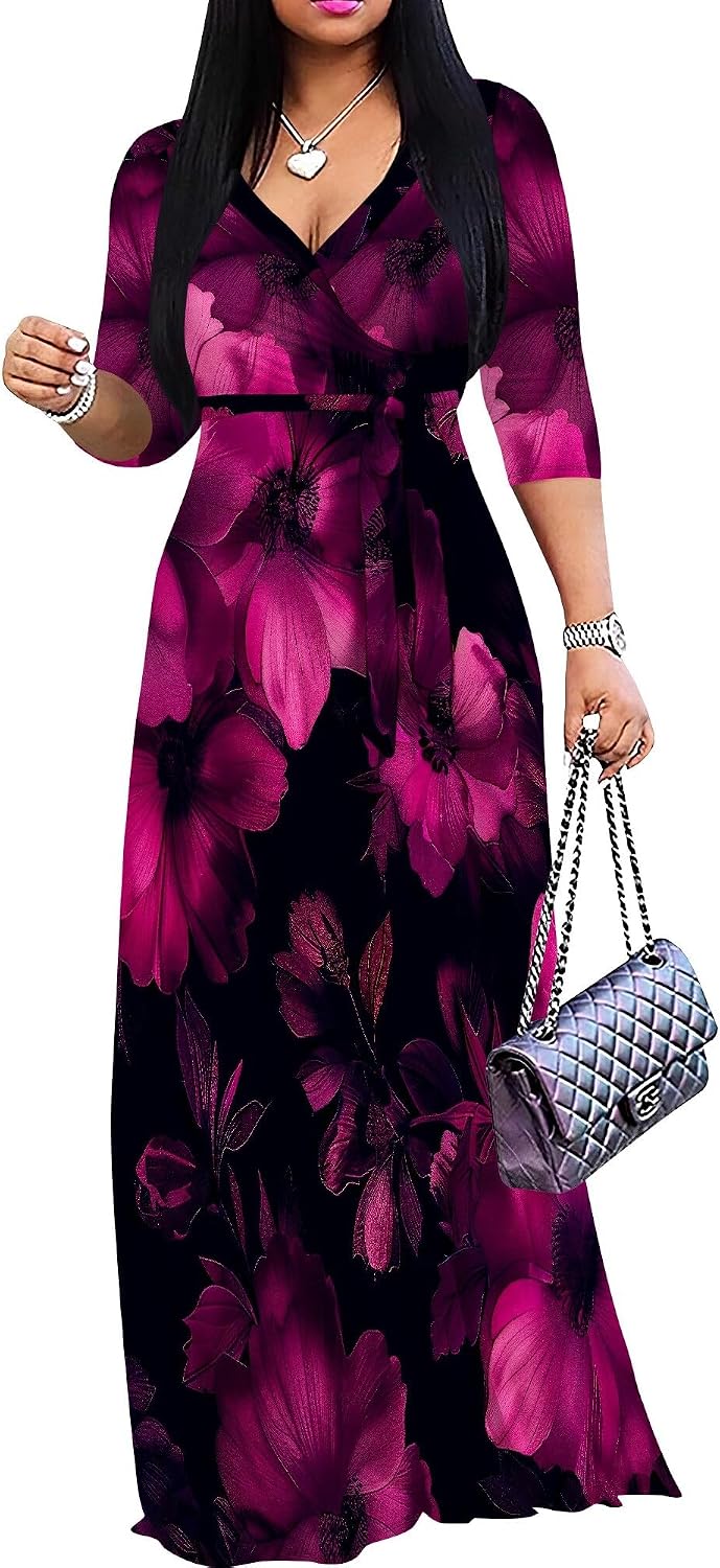 SUZONANA Plus Size Dresses for Women Floral Print Maxi Dress Flowy 3/4 Sleeve with Belt