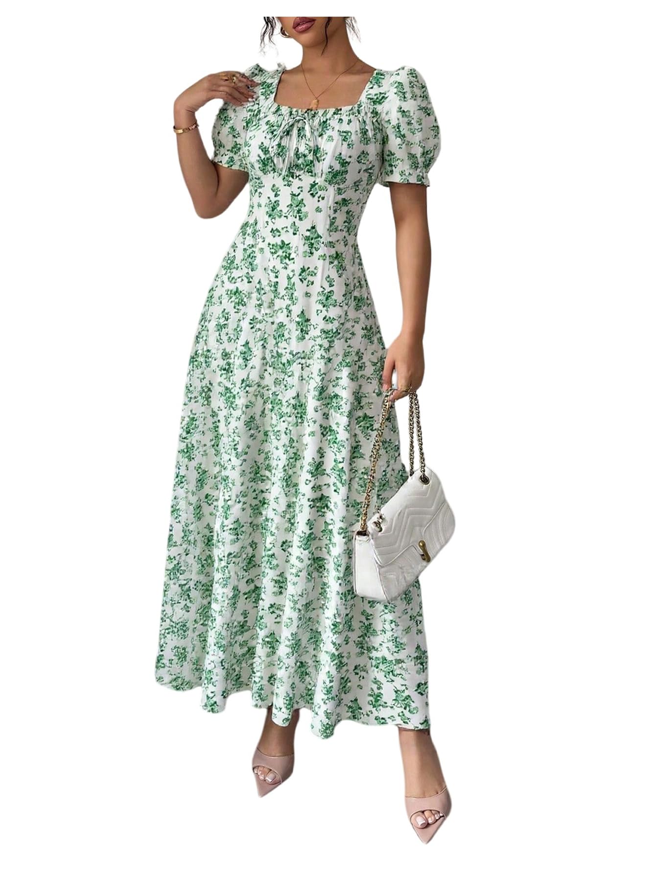 Floerns Women's Floral Short Puff Sleeve Milkmaid Dress Boho A Line Long Dresses