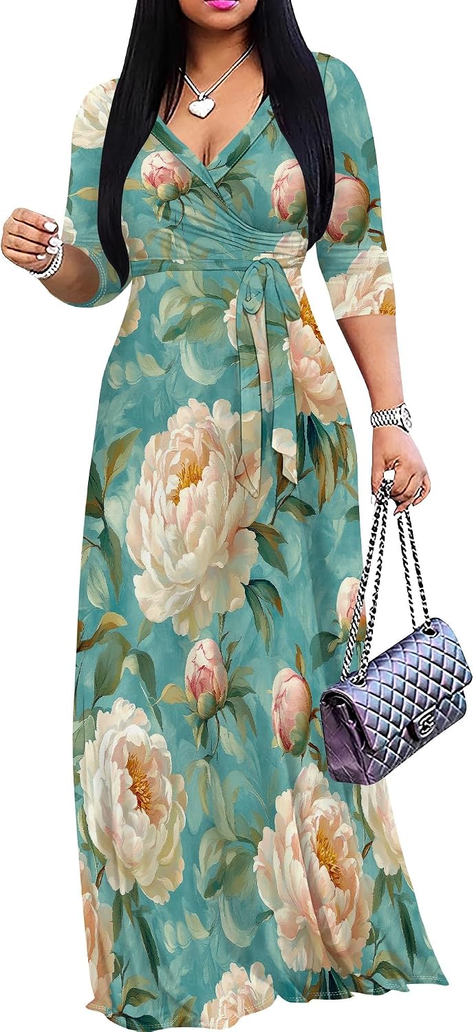 SUZONANA Plus Size Dresses for Women Floral Print Maxi Dress Flowy 3/4 Sleeve with Belt