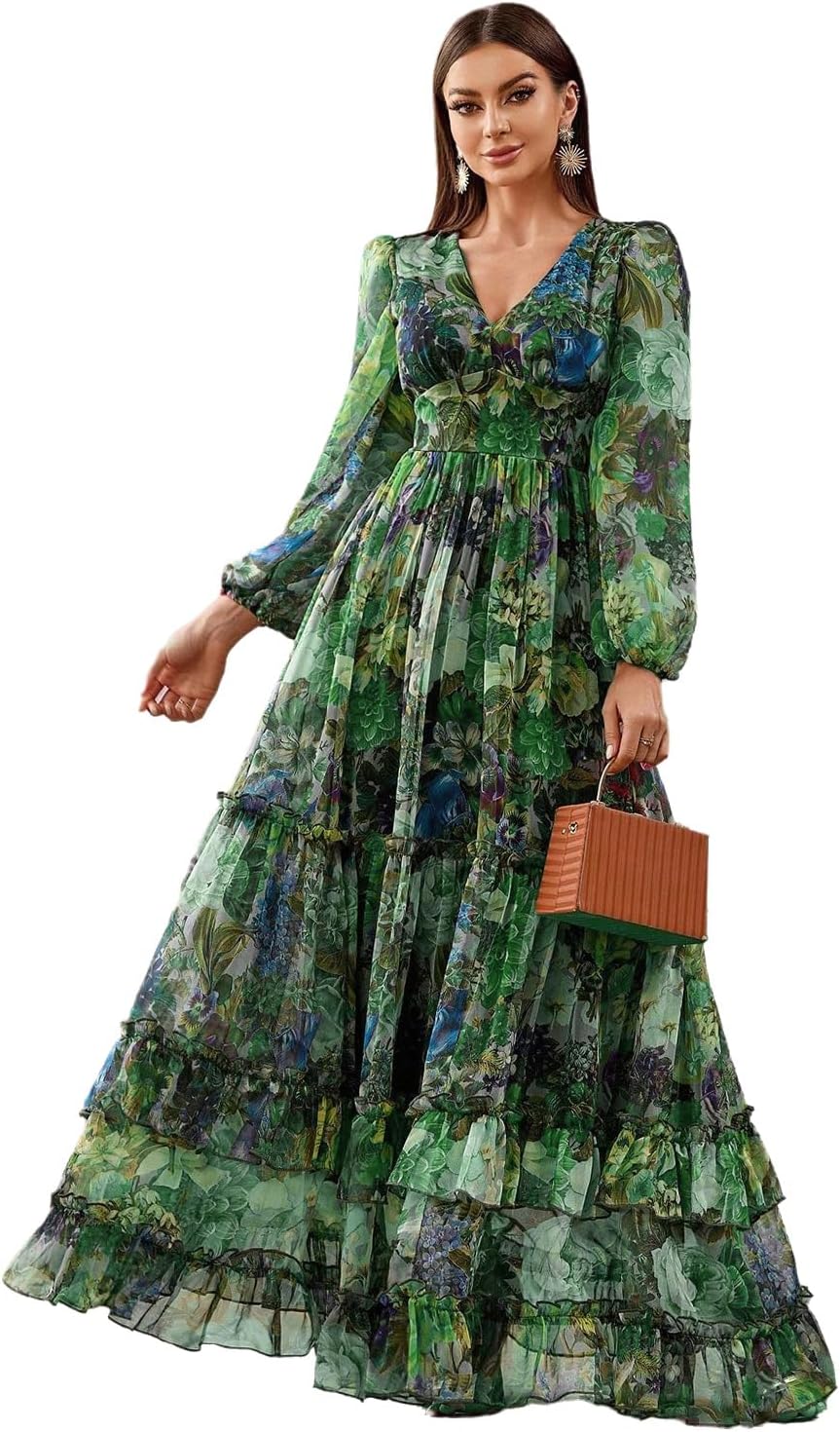 TOLEEN Summer Casual Dresses for Women 2024 Spring Fashion Boho V Neck Long Sleeve Ruffle Floral Print Elegant Maxi Dress
