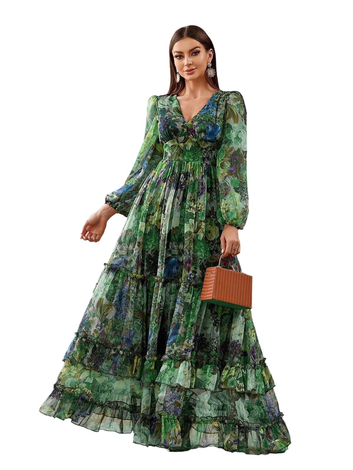 TOLEEN Summer Casual Dresses for Women 2024 Spring Fashion Boho V Neck Long Sleeve Ruffle Floral Print Elegant Maxi Dress