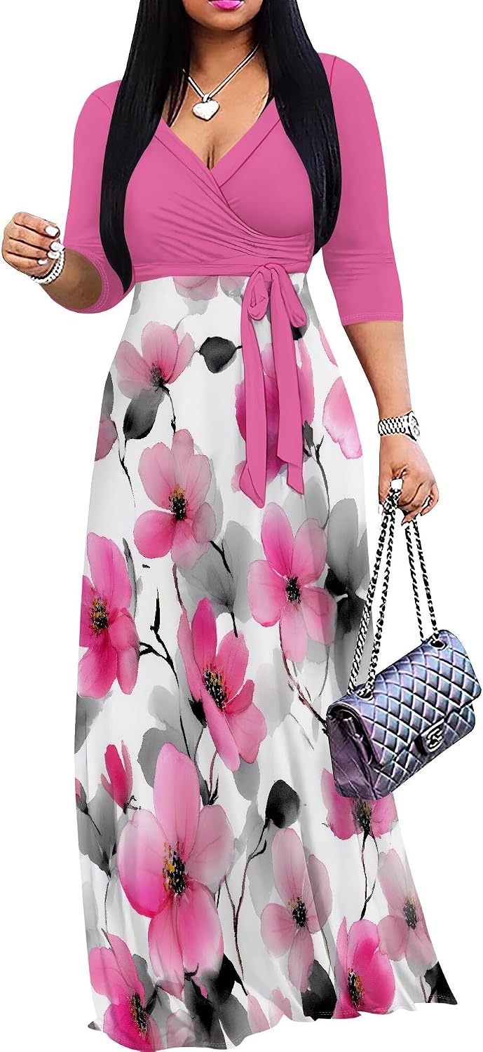 SUZONANA Plus Size Dresses for Women Floral Print Maxi Dress Flowy 3/4 Sleeve with Belt