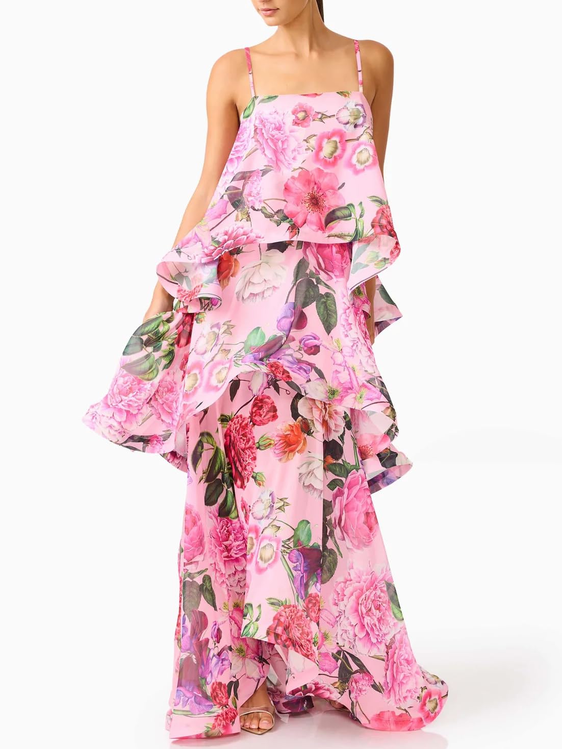 Women's Elegant Print Layered Ruffle Prom Dress Spaghetti Strap Backless Loose Chiffon Maxi Dress