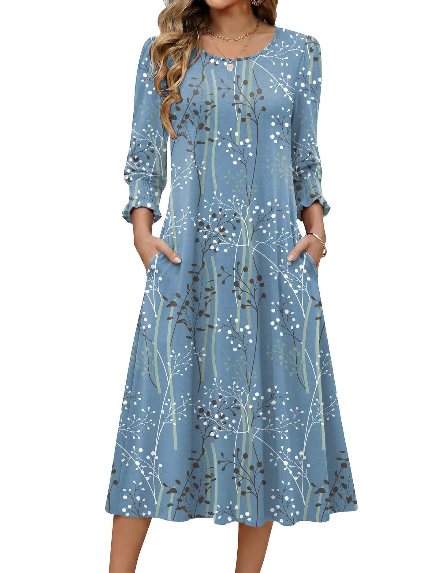 Zeagoo Summer Dresses for Women 2026 3/4 Sleeve Dress for Women Floral Midi Dresses for Casual Womens Dresses with Pockets