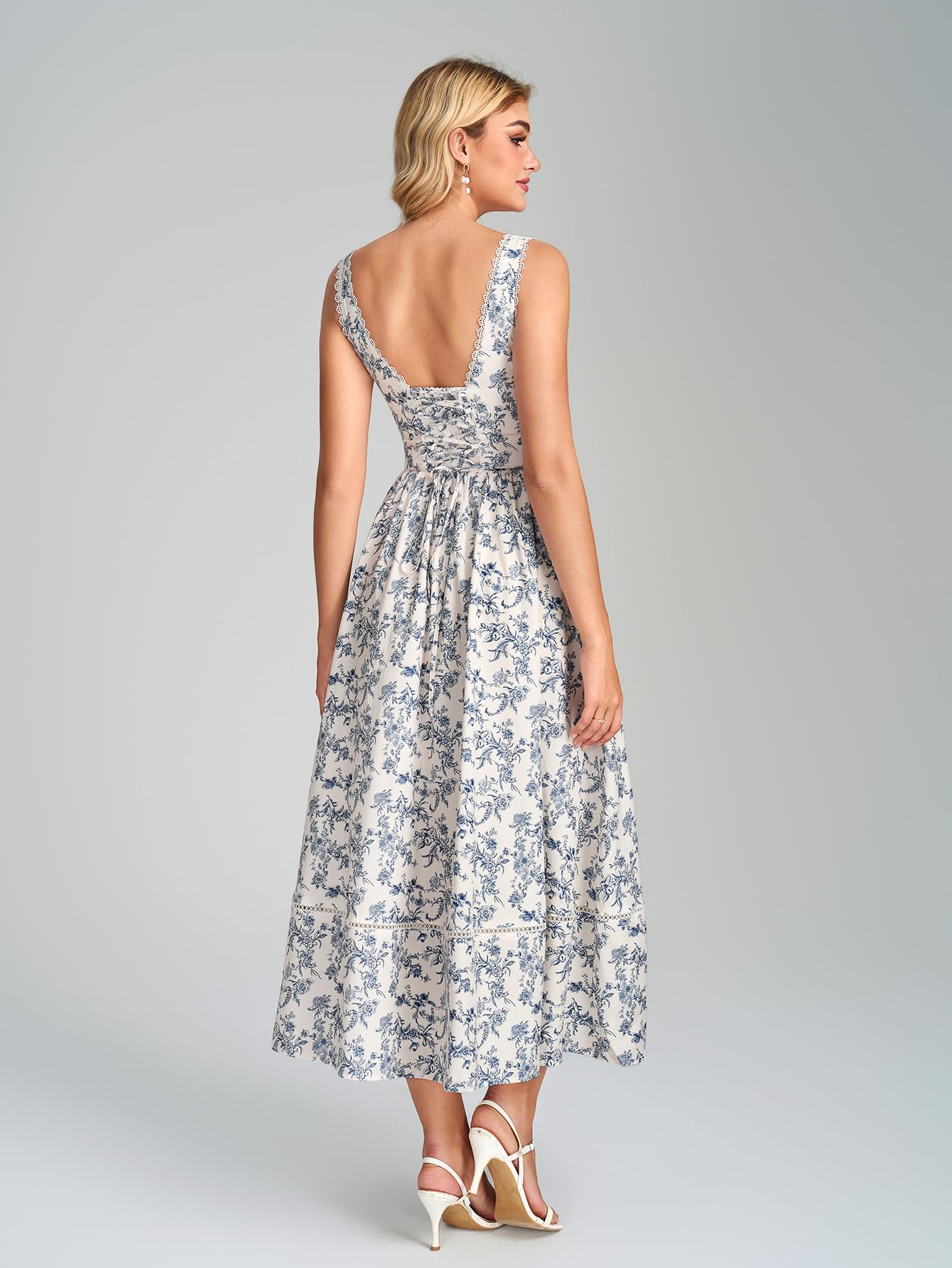 KUTUMAI Floral Corset Midi Dresses for Women 2026 Summer Spring V Neck Lace Up Flowy Wedding Guest Dress