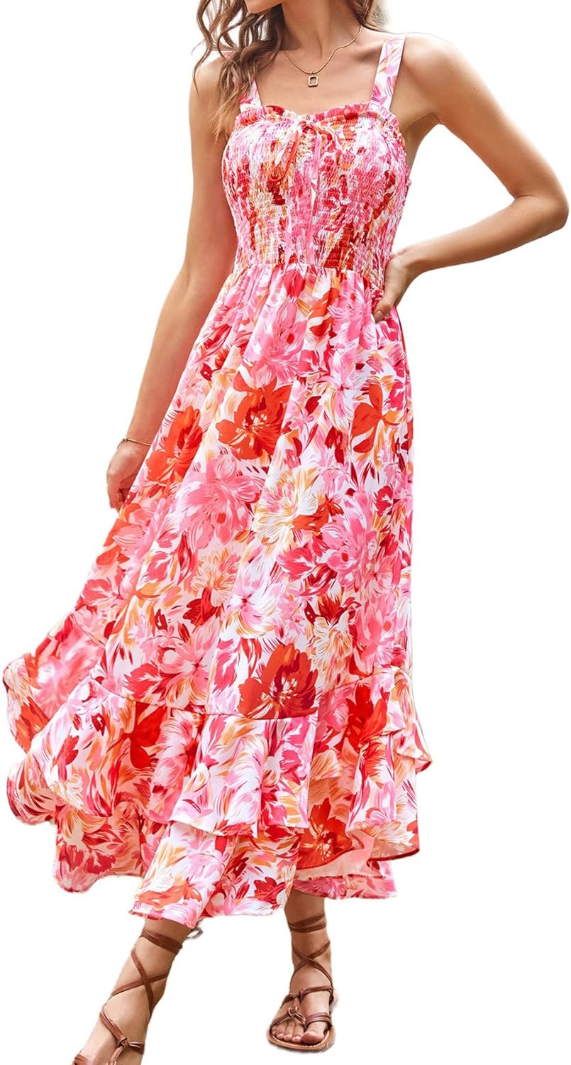 GRACE KARIN Women's 2026 Summer Floral Boho Dress Square Neck Strapped Swing A Line Sundress Beach Long Maxi Outfits