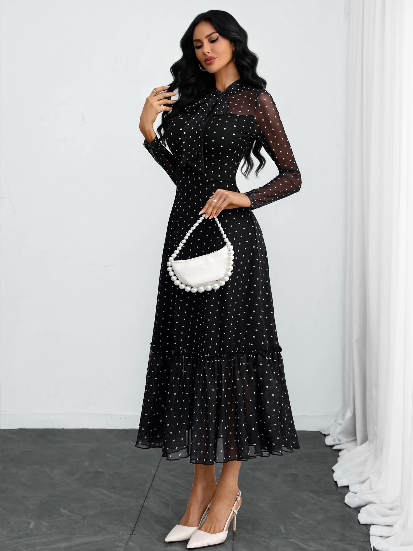 GothDark Polka Dot Dress for Women Mesh Tie Neck Bow Sheer Sleeve Flowy Ruffle Hem Going Out Wedding Guest Casual Dress