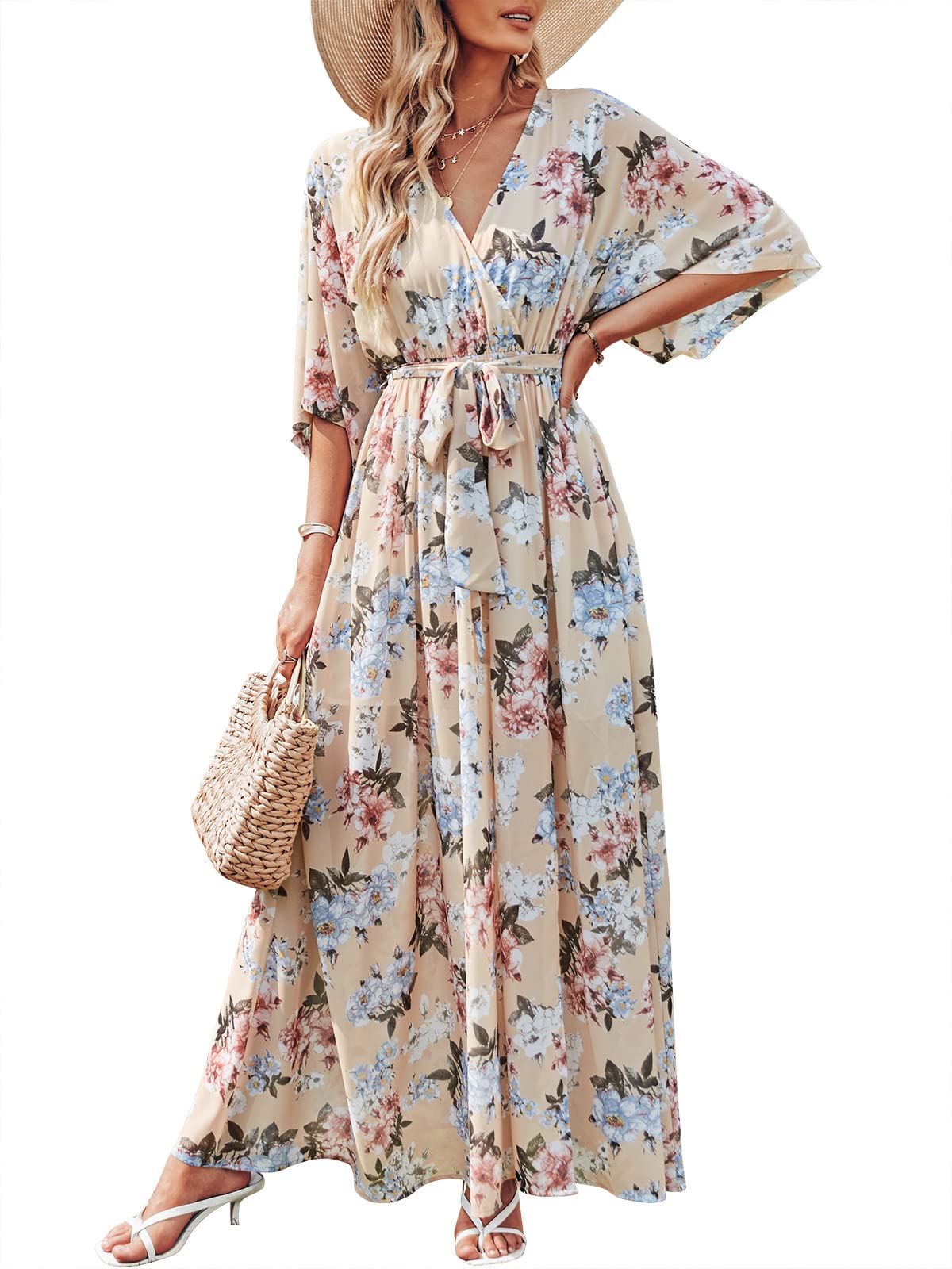 ANRABESS Womens 1/2 Sleeve Beach Wedding Guest Maxi Dresses 2026 Summer Wrap V Neck Boho Floral Flowy Slit Long Dresses