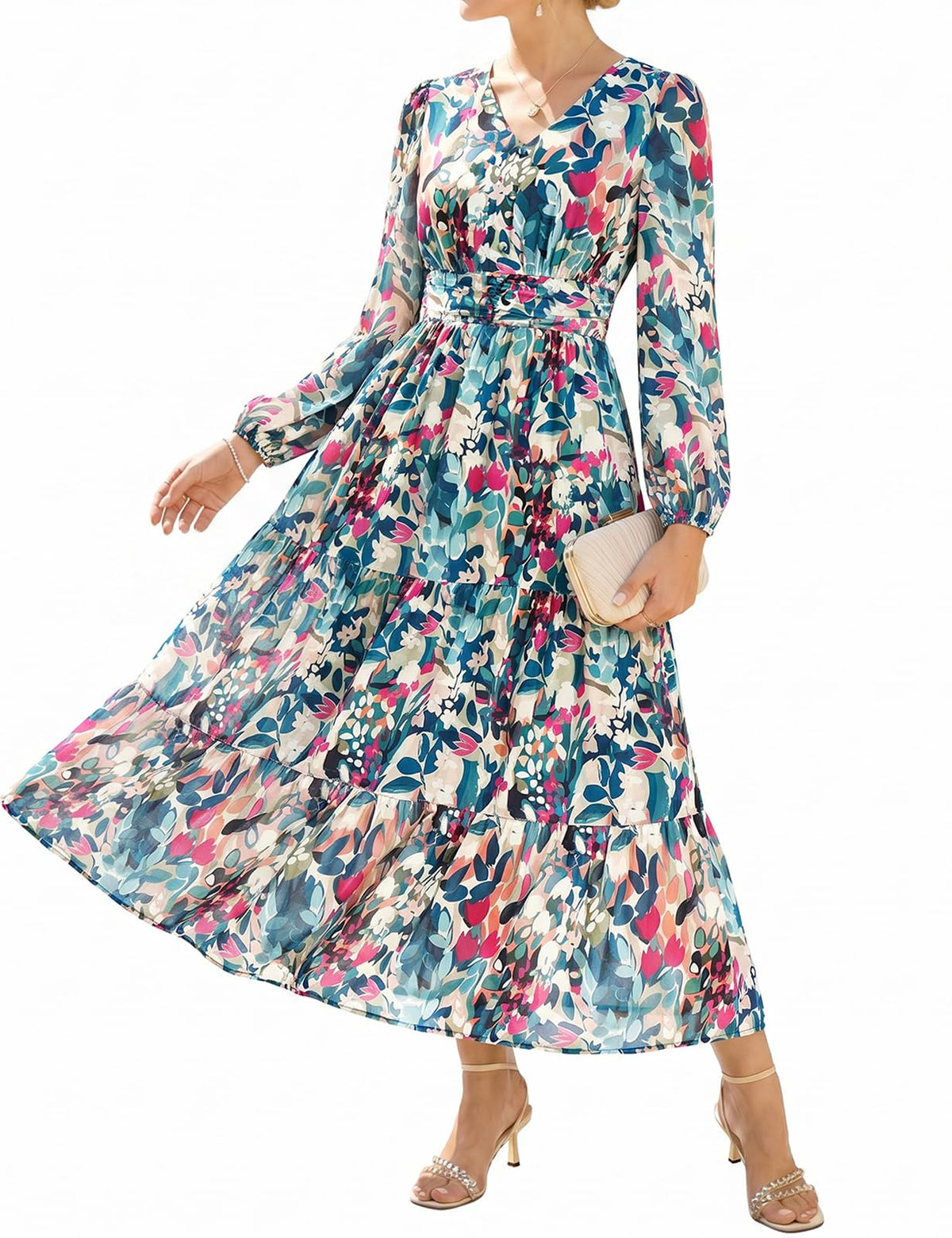 GRACE KARIN Women Floral Maxi Dress Fall Long Sleeve Wedding Guest Dresses