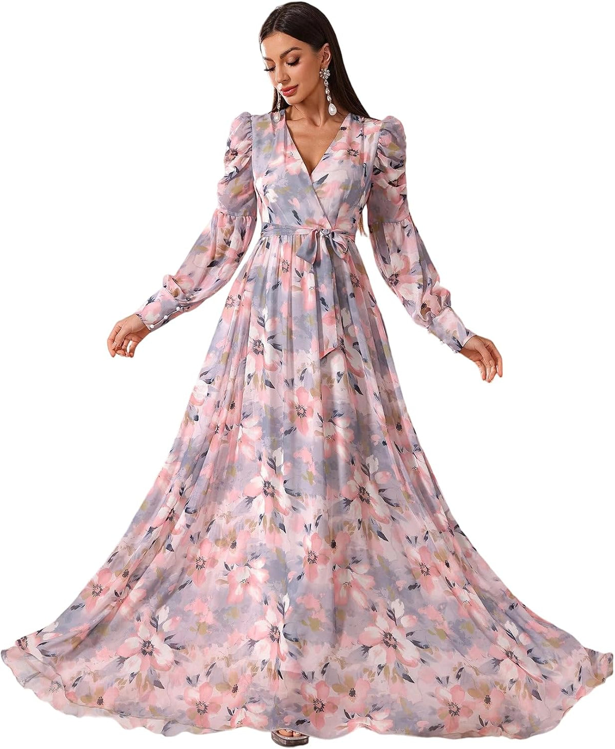 TOLEEN Summer Casual Dresses for Women 2024 Spring Fashion Boho V Neck Long Sleeve Ruffle Floral Print Elegant Maxi Dress
