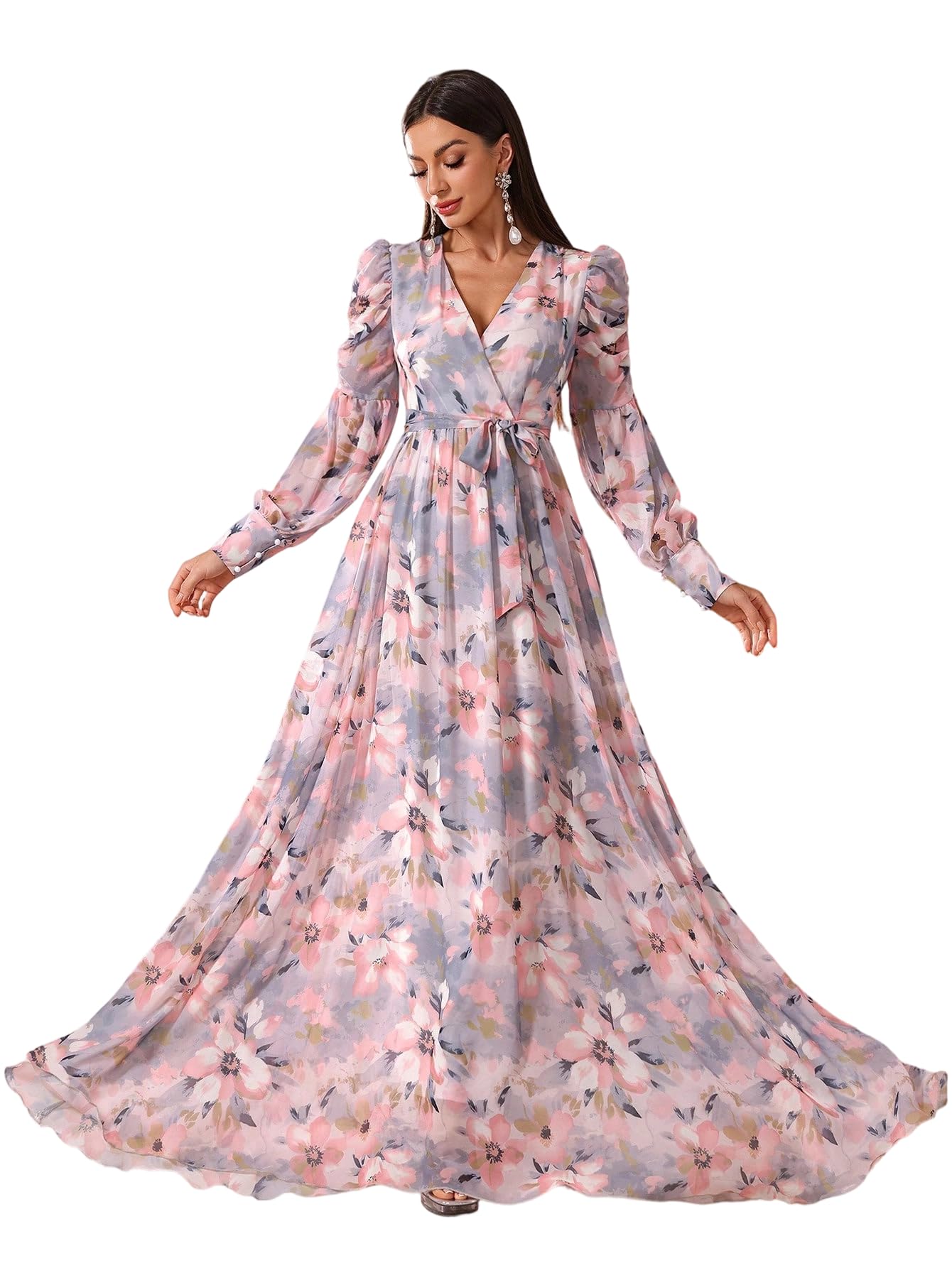 Womens Summer Dresses,Floral Patterns Vintage Elegant Cocktail Long Sleeve Boho Casual Maxi Wedding Guest Dresses for Women