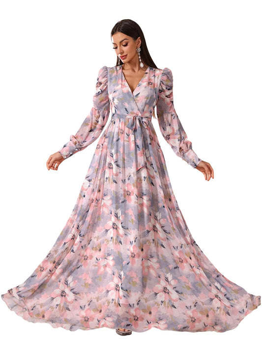 Womens Summer Dresses,Floral Patterns Vintage Elegant Cocktail Long Sleeve Boho Casual Maxi Wedding Guest Dresses for Women