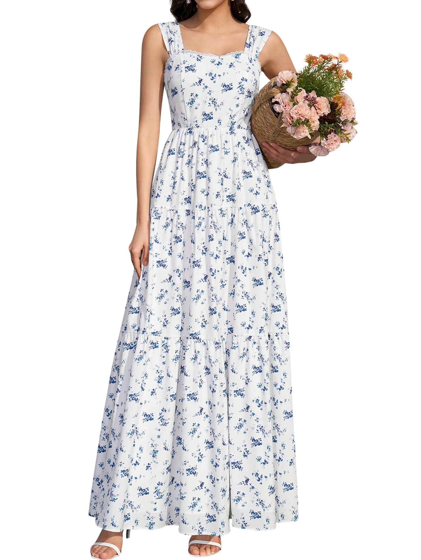 KUTUMAI Floral Maxi Long Dress Lace Up Square Neck Flowy Summer Wedding Guest Dresses for Women 2026