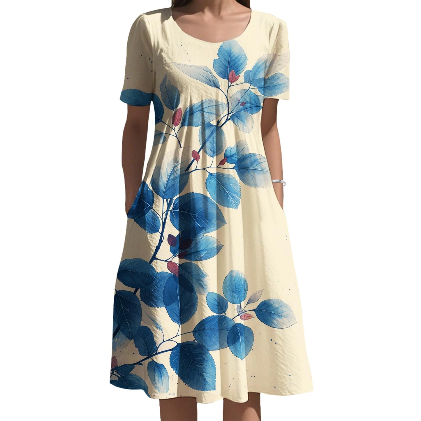 Oriental Ink Floral Midi Dress Gradient Tone for Women Elegant Daily Vacation Outfit with Side Pockets and Style