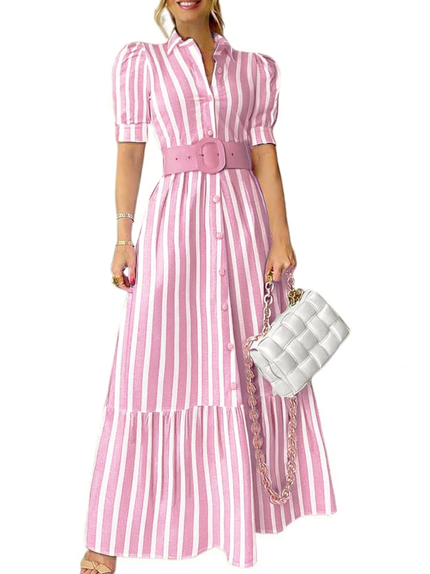 utcoco Womens Striped Button Down Shirt Dress Casual Puff Short Sleeve Ruffle Hem Maxi Dresses with Belt