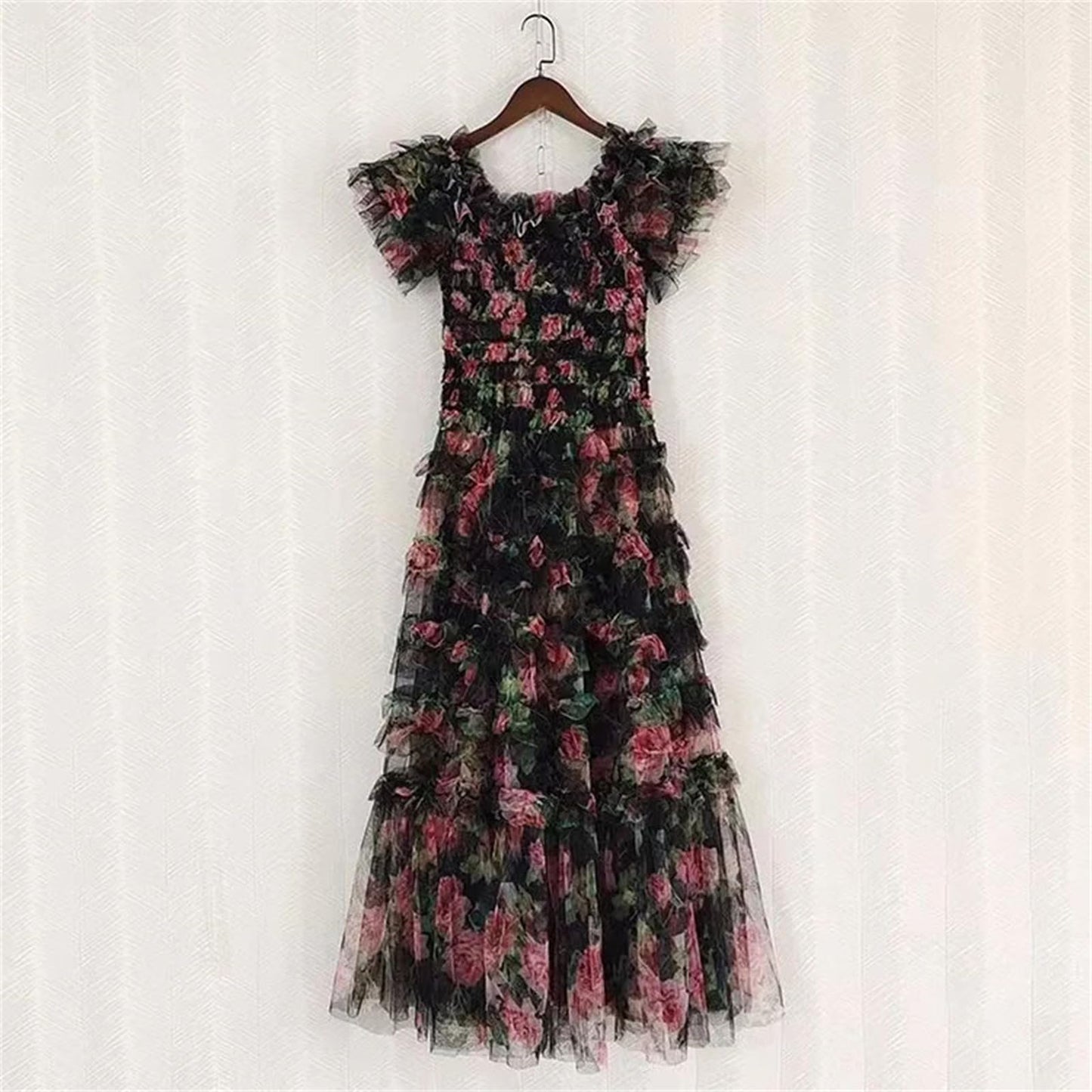 Women Summer Floral Long Dress Holiday Tulle Layer Ruffles Evening Party Maxi Vestidos