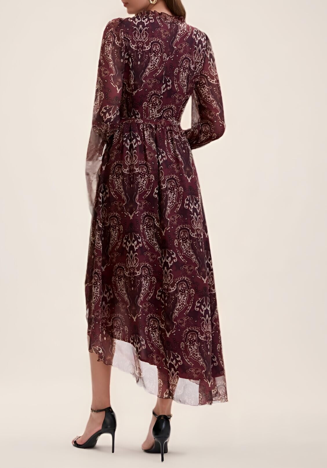 Women's Bohemian Floral Print Tie-Waist Wrap Midi Dress - Long Sleeve V-Neck Asymmetrical Hem Flowy Chiffon Dress