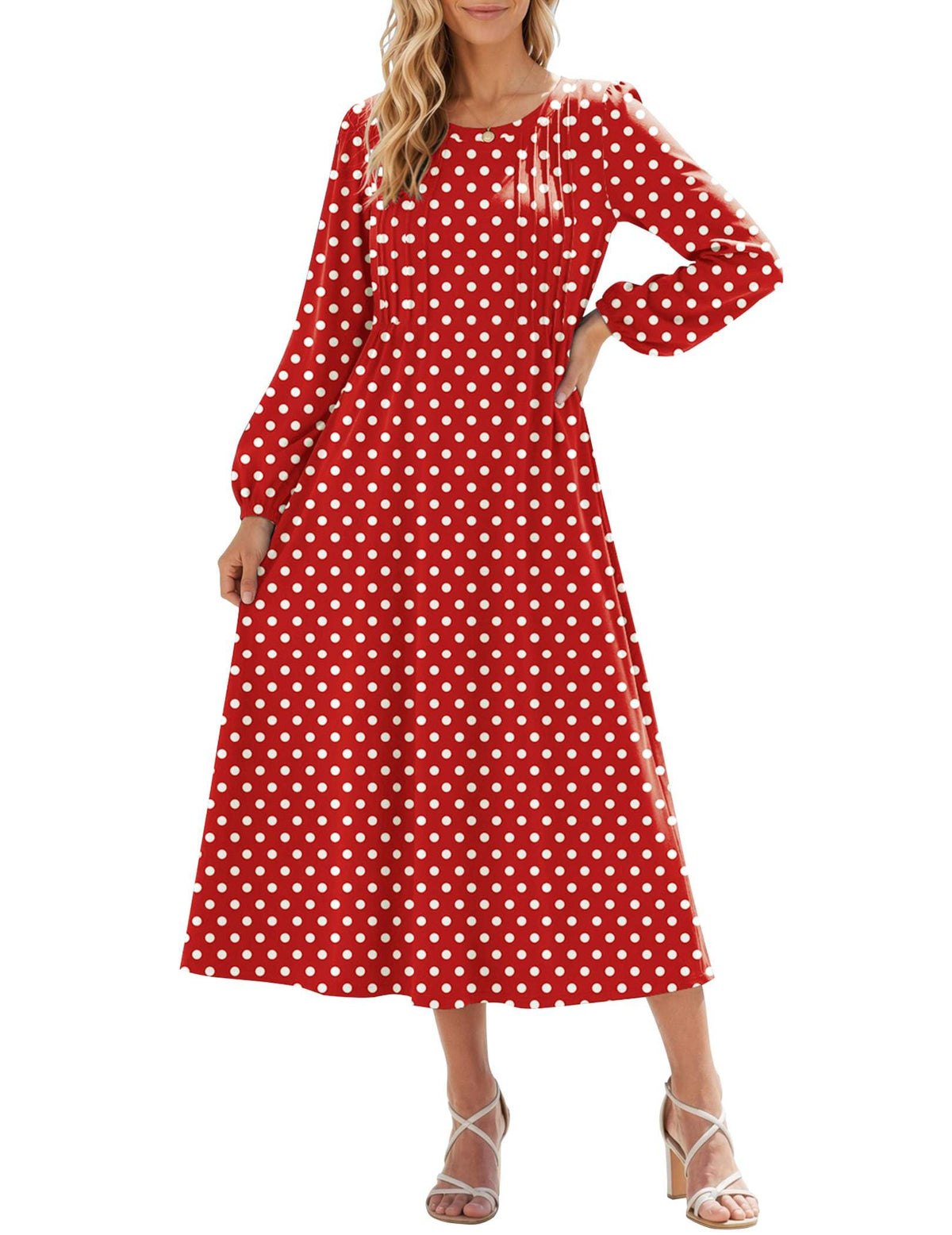 Zeagoo Fall Dresses for Women Long Sleeve Midi Dress Casual A Line Dresses 2026 Pleated Flare Dress with Pockets