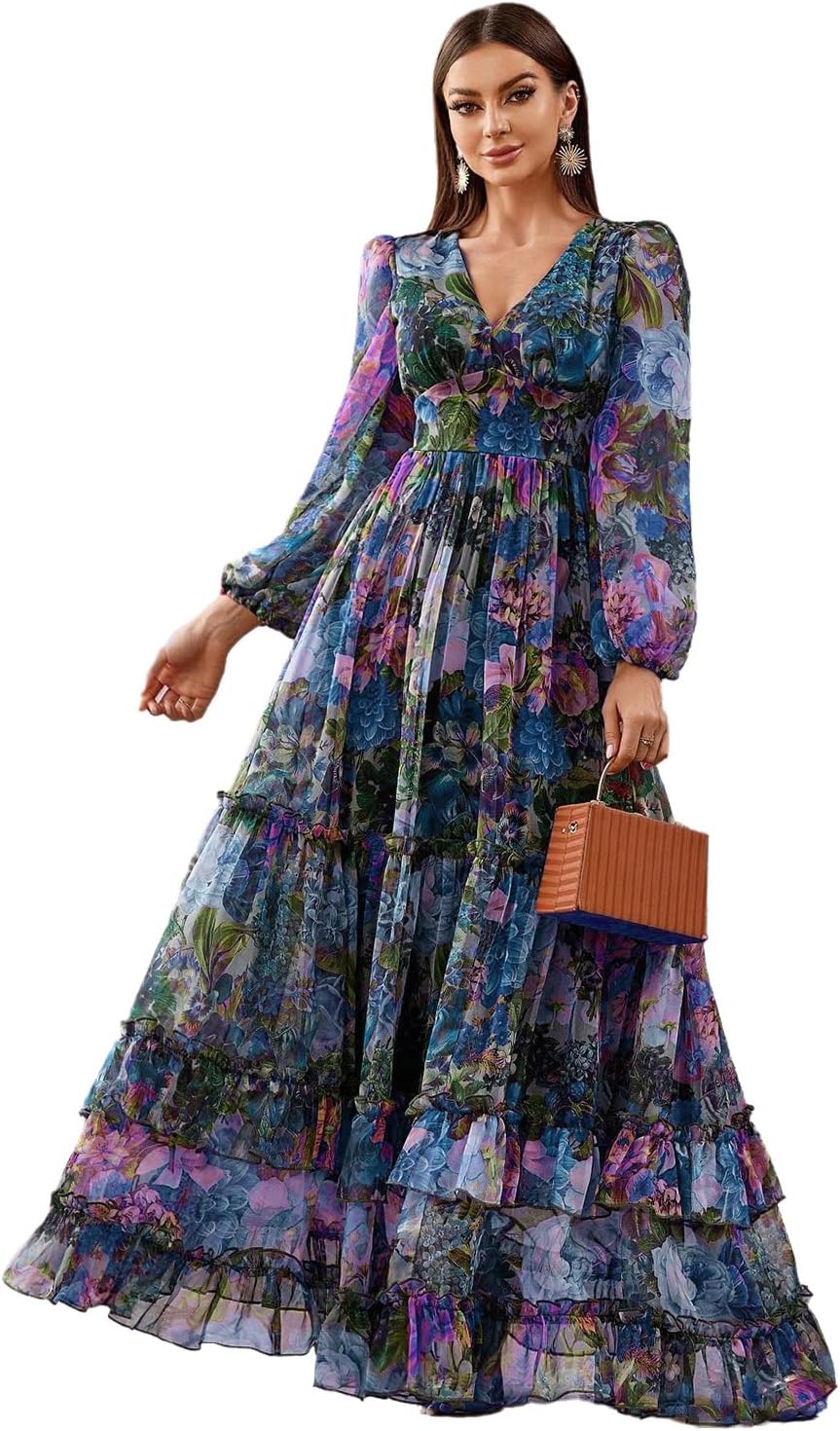 TOLEEN Summer Casual Dresses for Women 2024 Spring Fashion Boho V Neck Long Sleeve Ruffle Floral Print Elegant Maxi Dress
