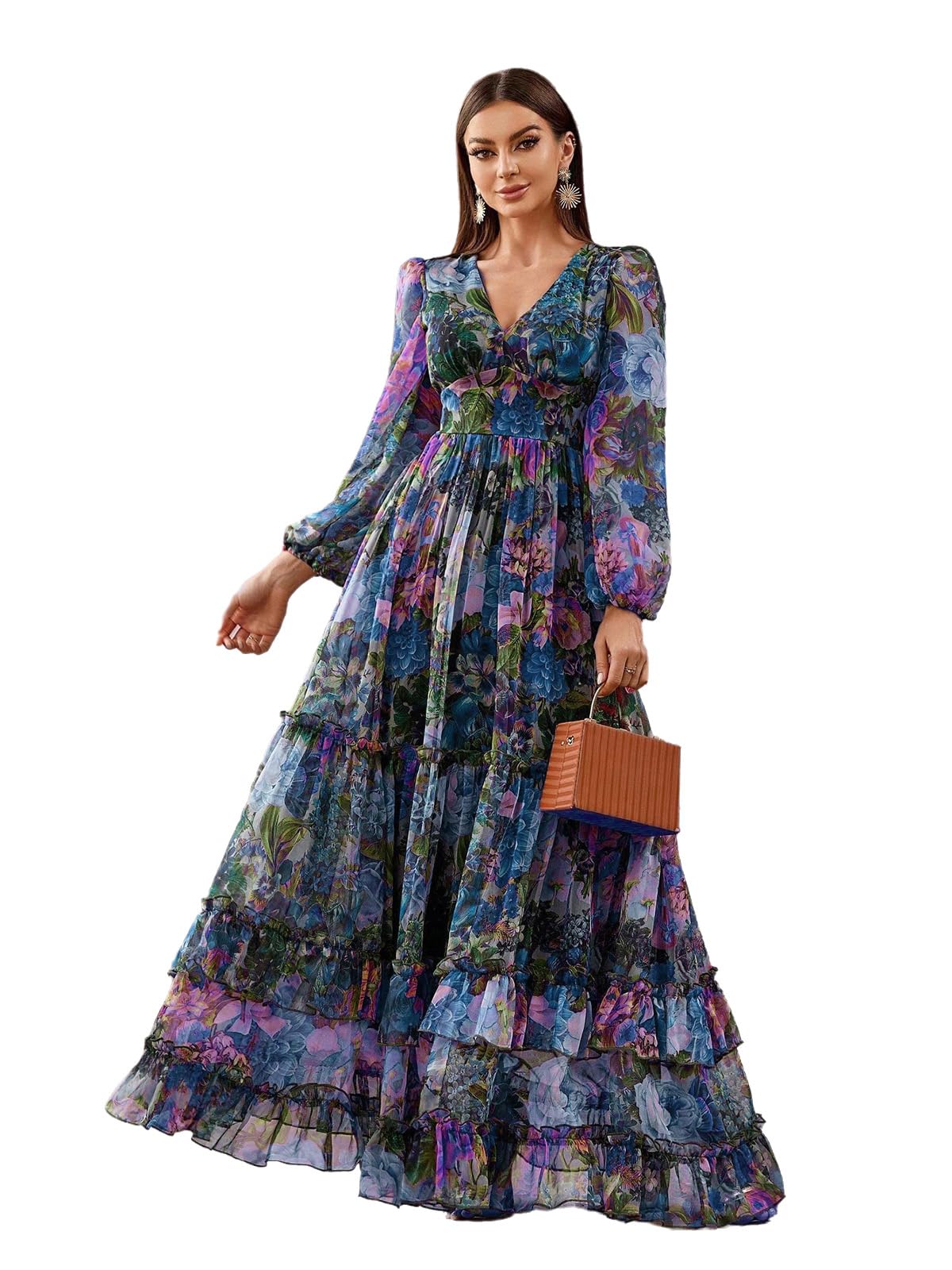 TOLEEN Summer Casual Dresses for Women 2024 Spring Fashion Boho V Neck Long Sleeve Ruffle Floral Print Elegant Maxi Dress