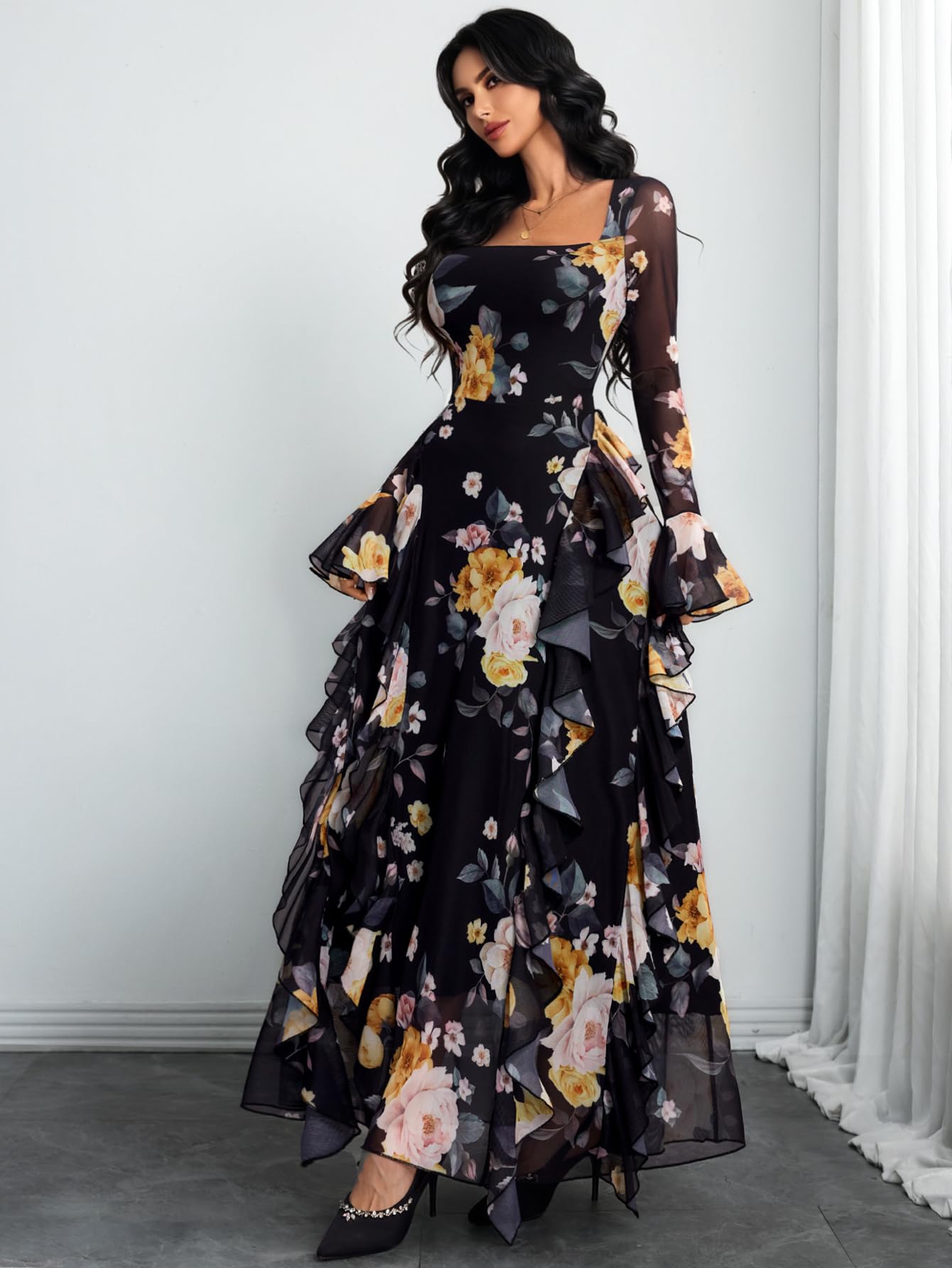 GothDark Women's Floral Dress Mesh Sheer Long Sleeve Square Neck Ruffle Layered Elegant Date Night Holiday Party Outfit