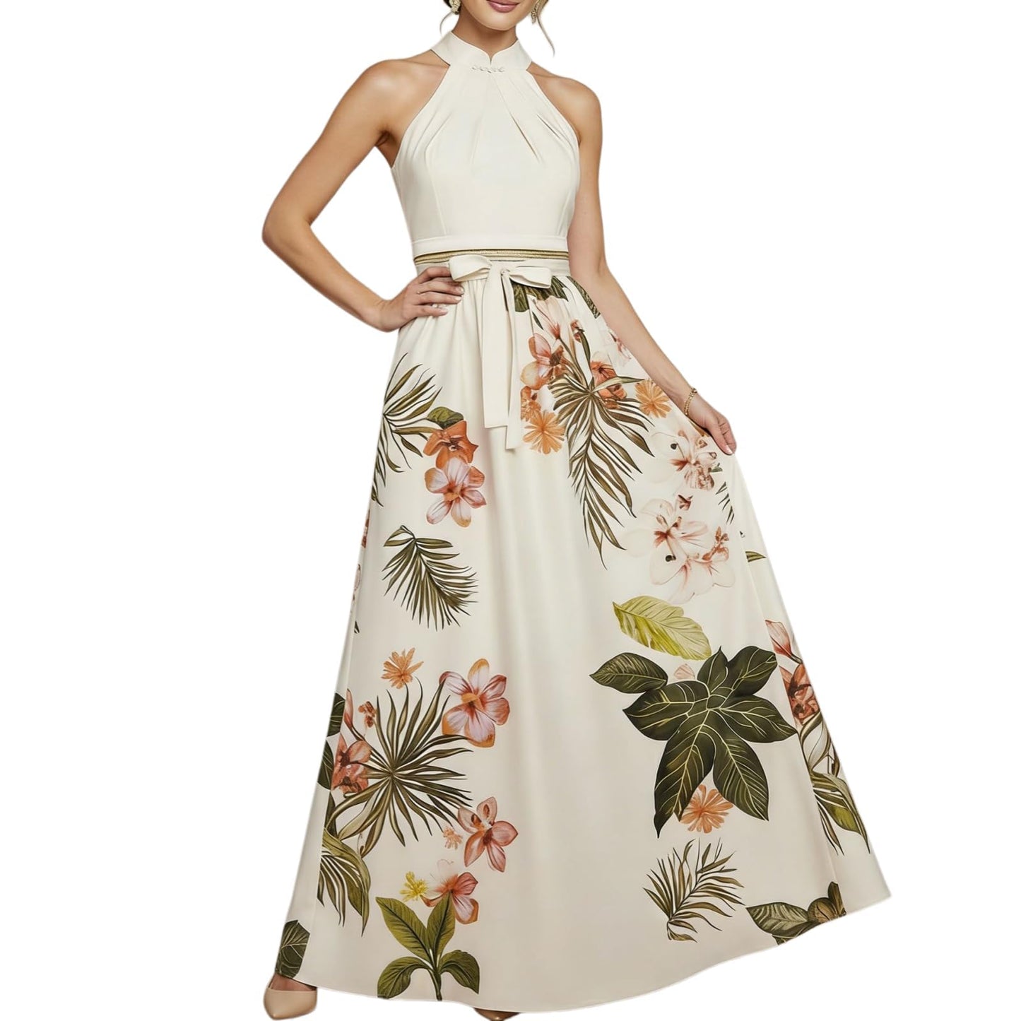 Halter Floral Print Chiffon Maxi Dress for Women Floral Wedding Guest Maxi Dress Formal Halter Chiffon Bridesmaid Dresses