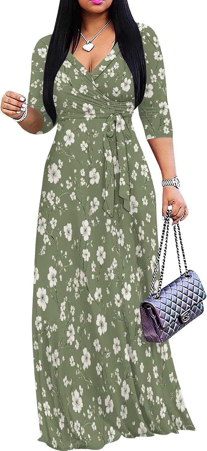 SUZONANA Plus Size Dresses for Women Floral Print Maxi Dress Flowy 3/4 Sleeve with Belt