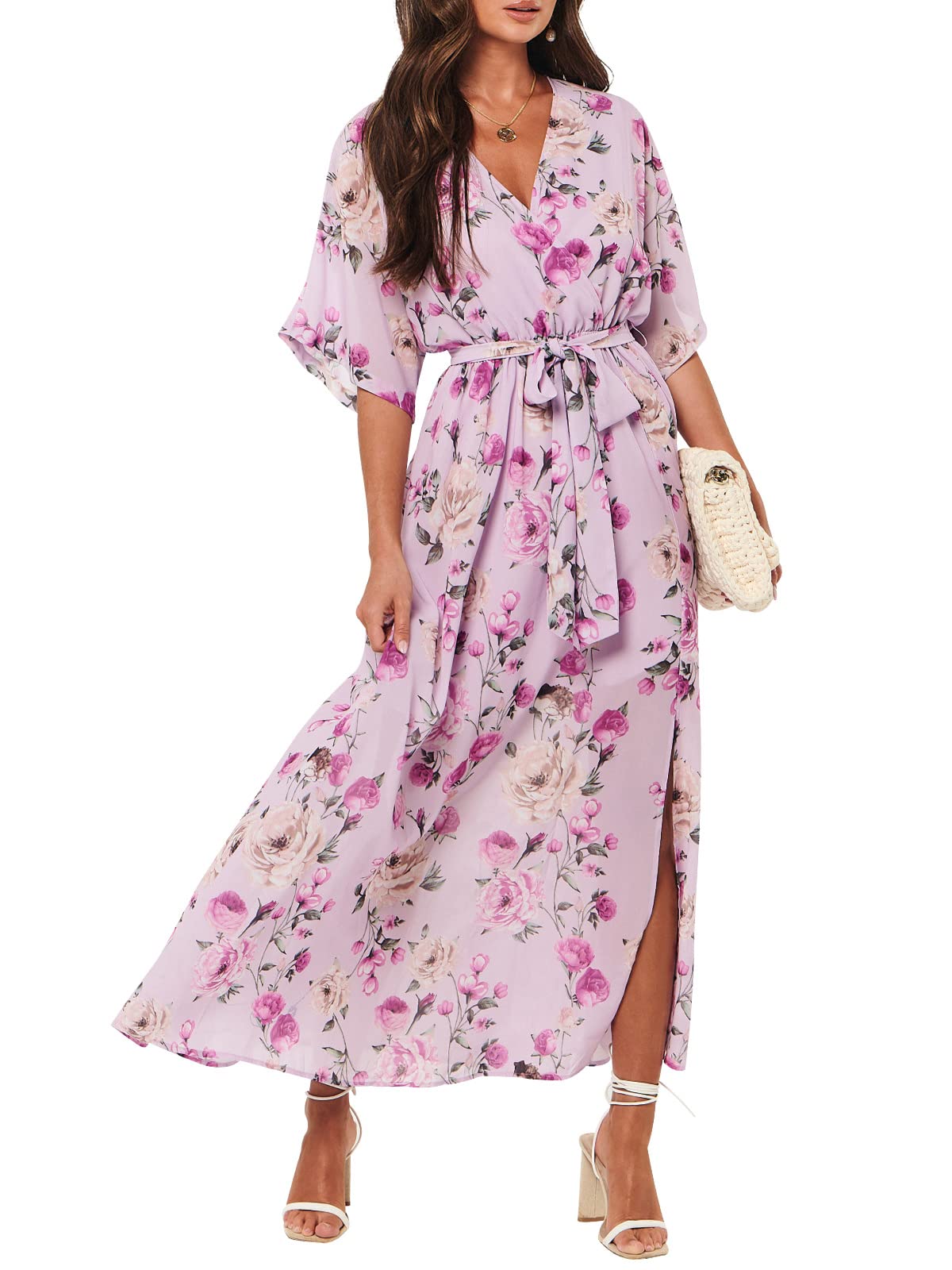 ANRABESS Womens 1/2 Sleeve Beach Wedding Guest Maxi Dresses 2026 Summer Wrap V Neck Boho Floral Flowy Slit Long Dresses