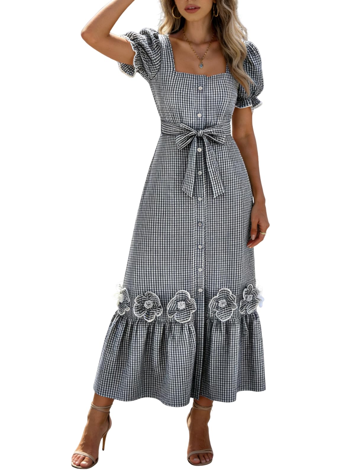 utcoco Dresses for Women Puff Short Sleeve Button Down 3D Flower Ruffle Plaid Maxi Shirt Dress