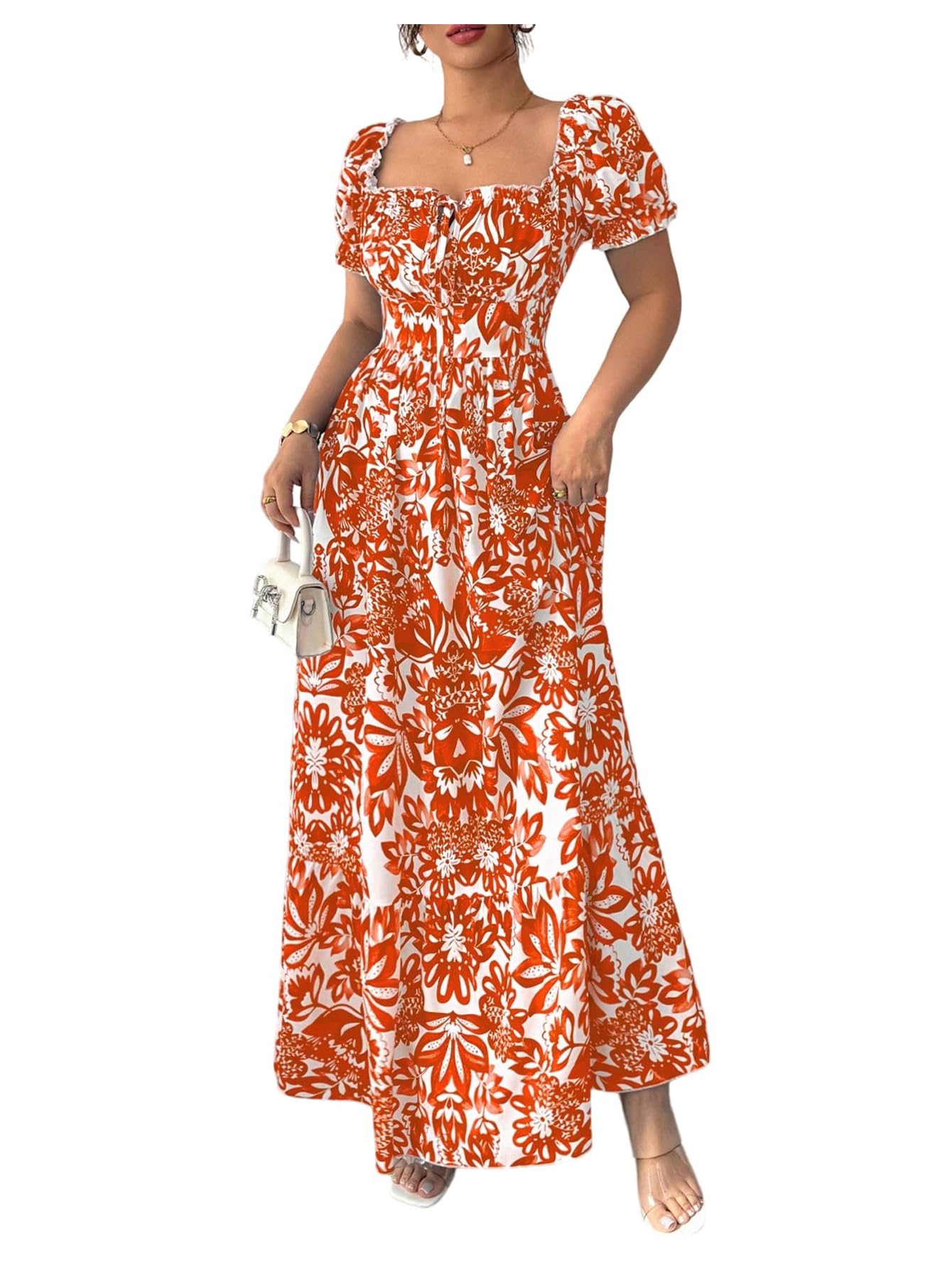 Floerns Women's Floral Short Puff Sleeve Milkmaid Dress Boho A Line Long Dresses