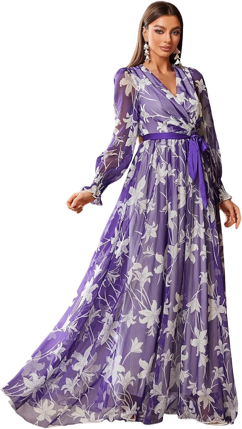 TOLEEN Summer Casual Dresses for Women 2024 Spring Fashion Boho V Neck Long Sleeve Ruffle Floral Print Elegant Maxi Dress