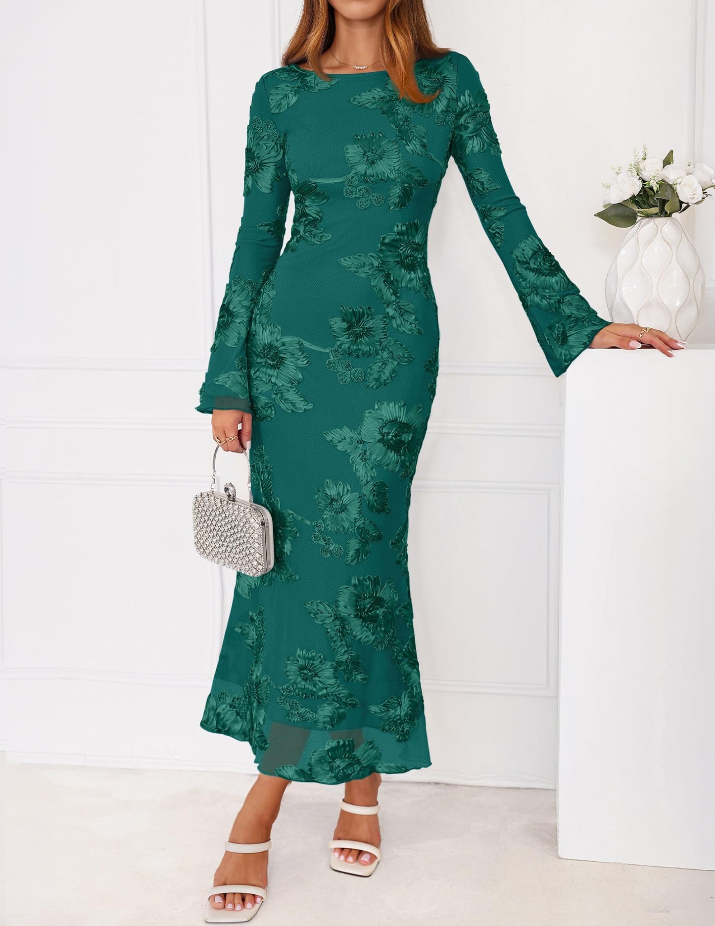 ZESICA Women Fall Long Sleeve Wedding Guest Cocktail Midi Dress