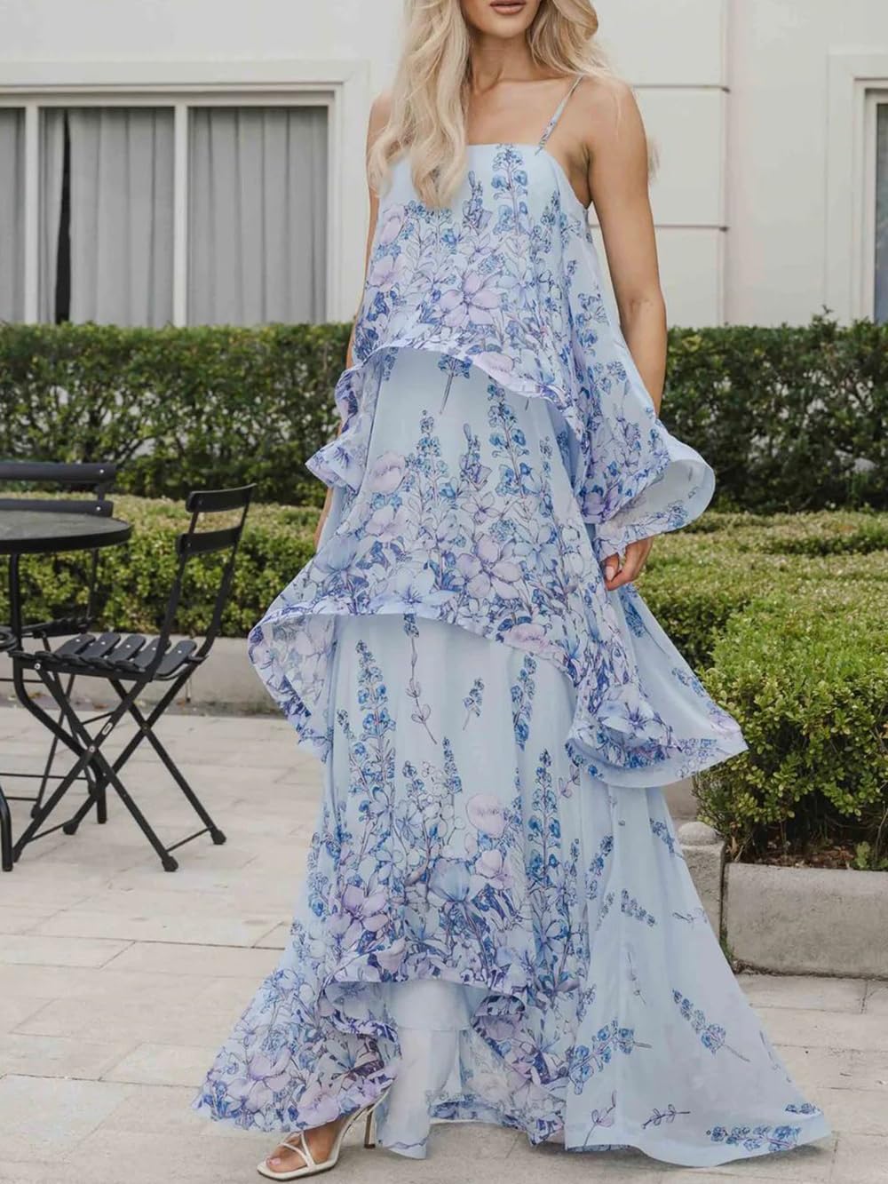 Women's Elegant Print Layered Ruffle Prom Dress Spaghetti Strap Backless Loose Chiffon Maxi Dress
