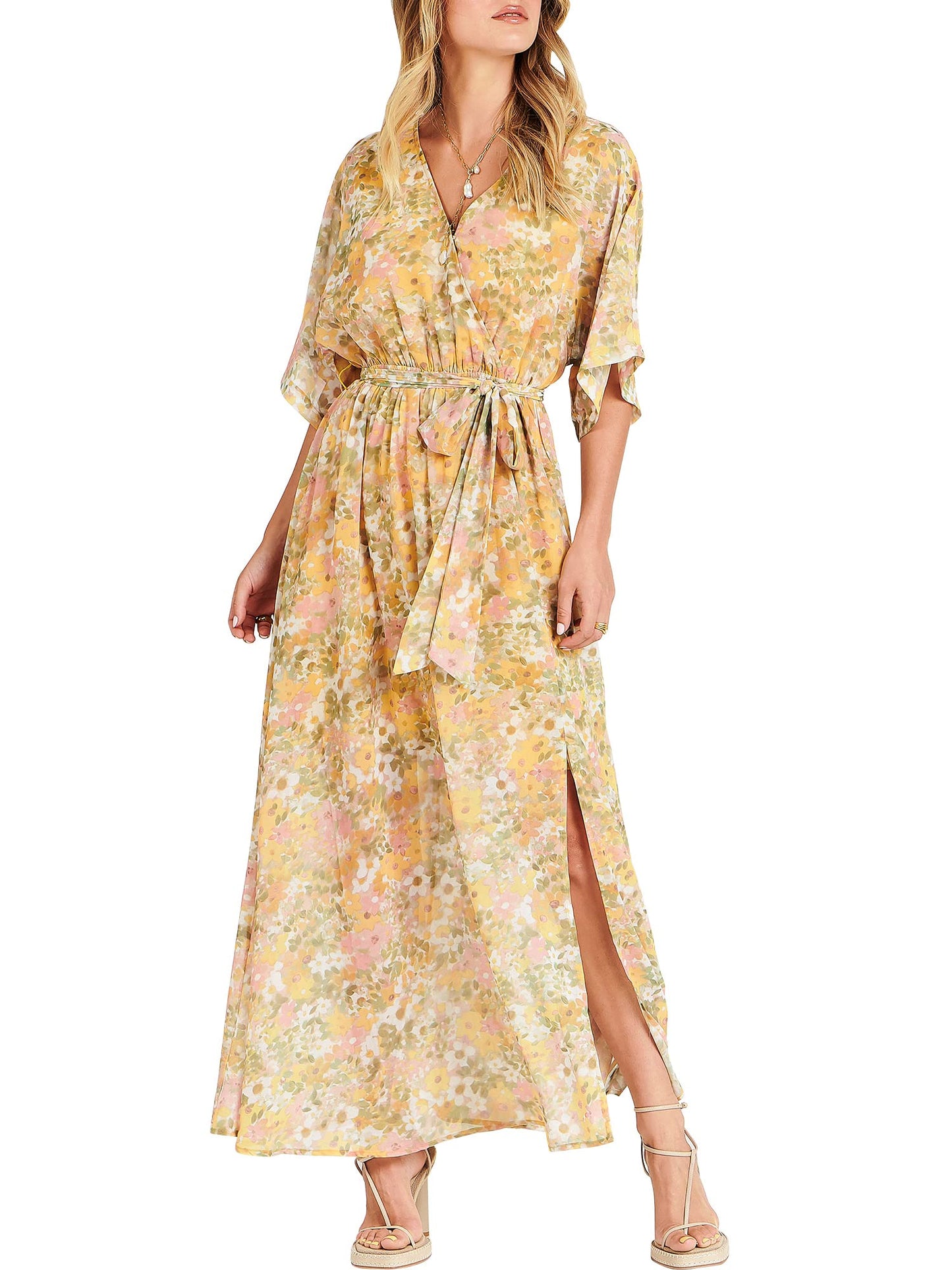 ANRABESS Womens 1/2 Sleeve Beach Wedding Guest Maxi Dresses 2026 Summer Wrap V Neck Boho Floral Flowy Slit Long Dresses