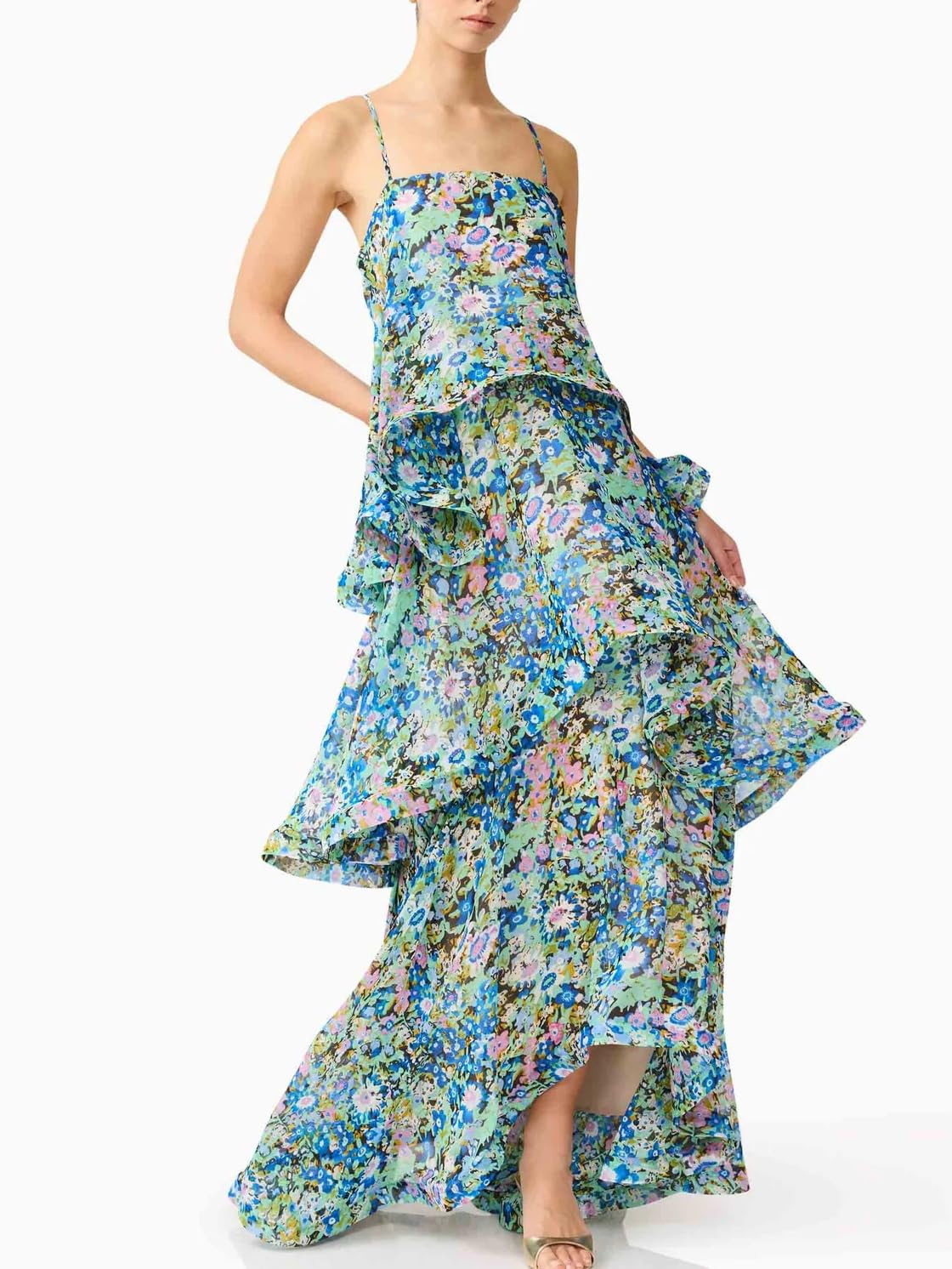Women's Elegant Print Layered Ruffle Prom Dress Spaghetti Strap Backless Loose Chiffon Maxi Dress