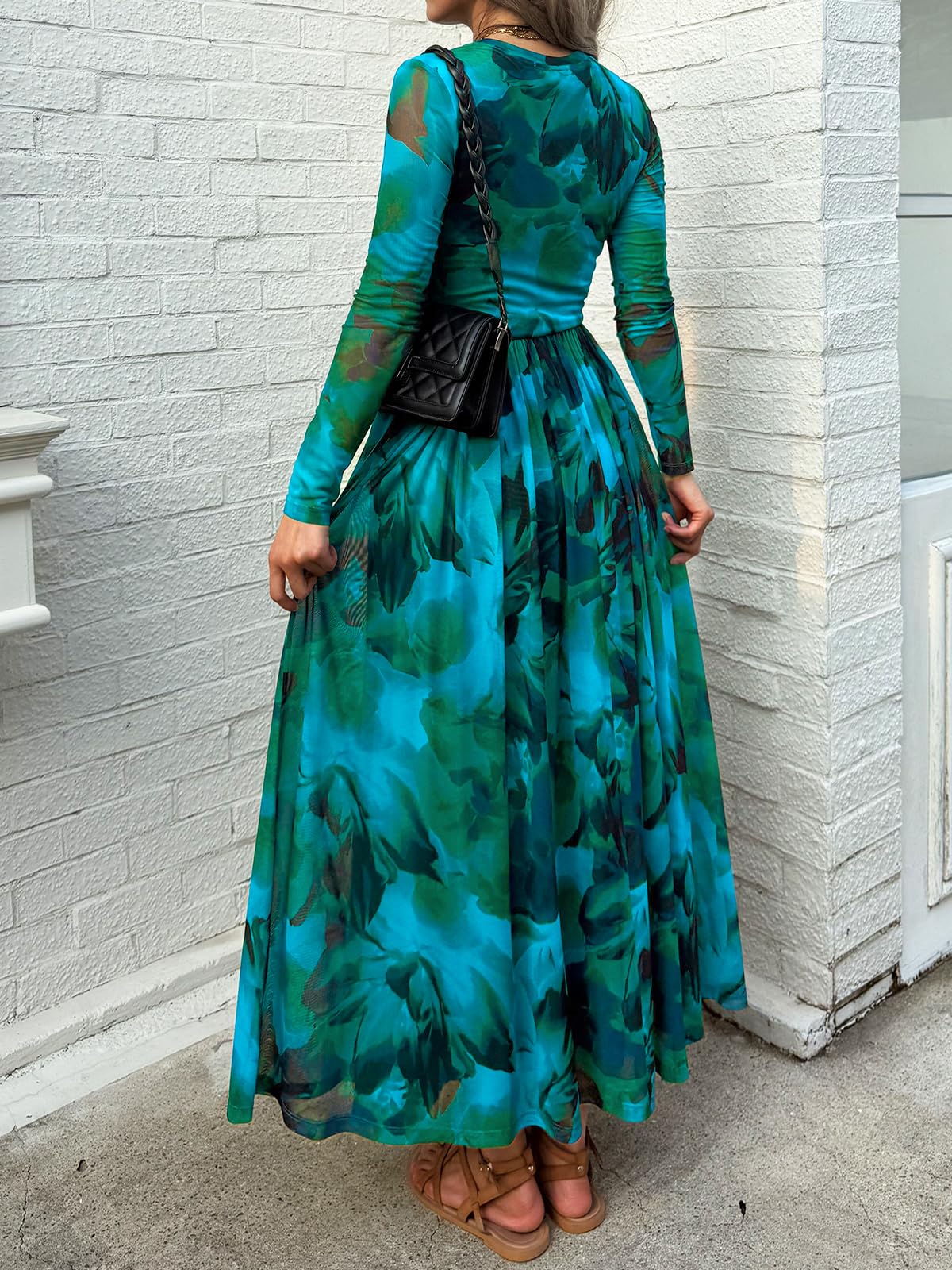 Women's Maxi Dress 2026 Spring Long Sleeve Crewneck Mesh Floral Dress Drop Waist Party Wedding Guest Dresses