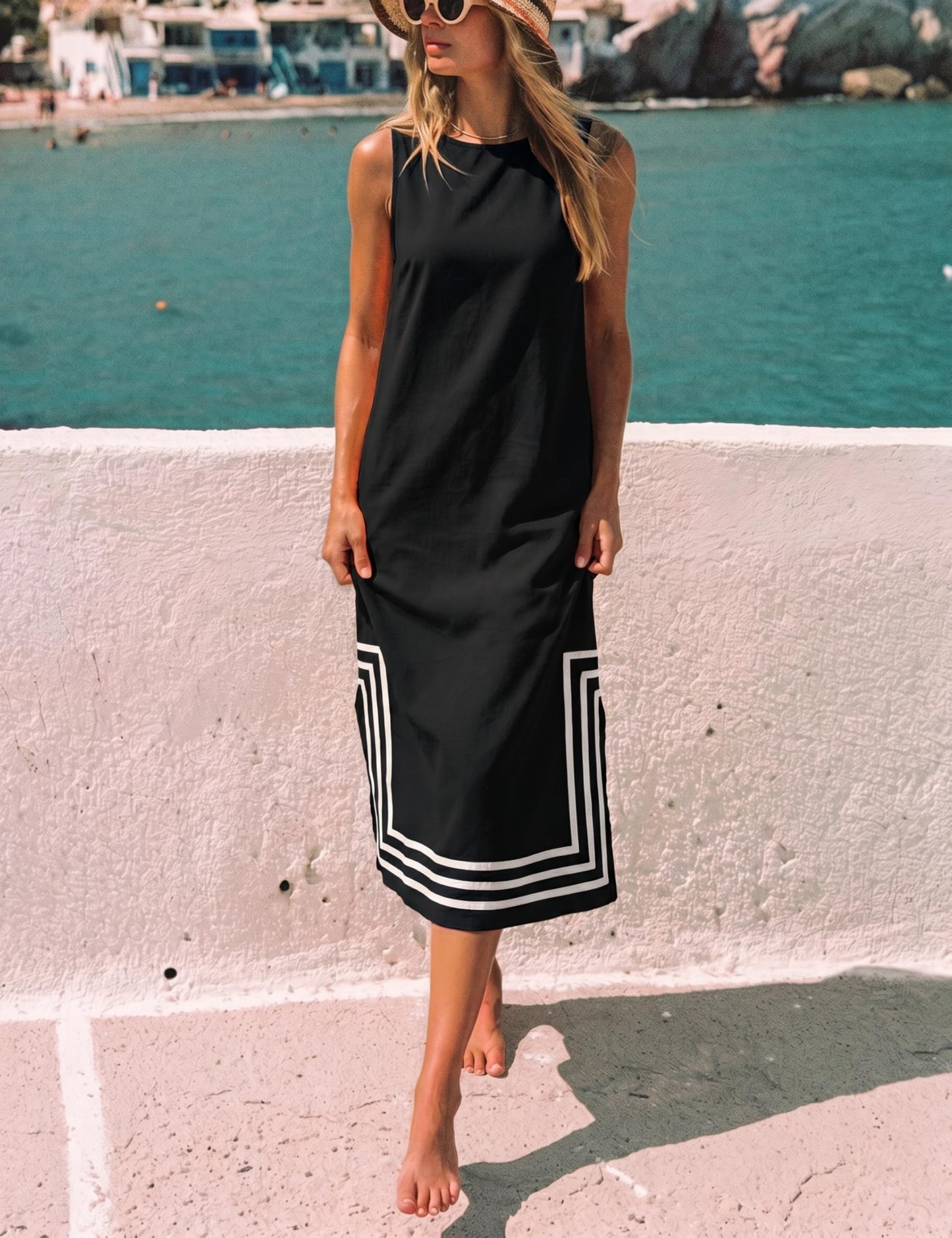 Womens Boho Linen Maxi Dress Sleeveless Split Sundress Color Block A-Line Coverups Beach Vacation Dress with Pockets