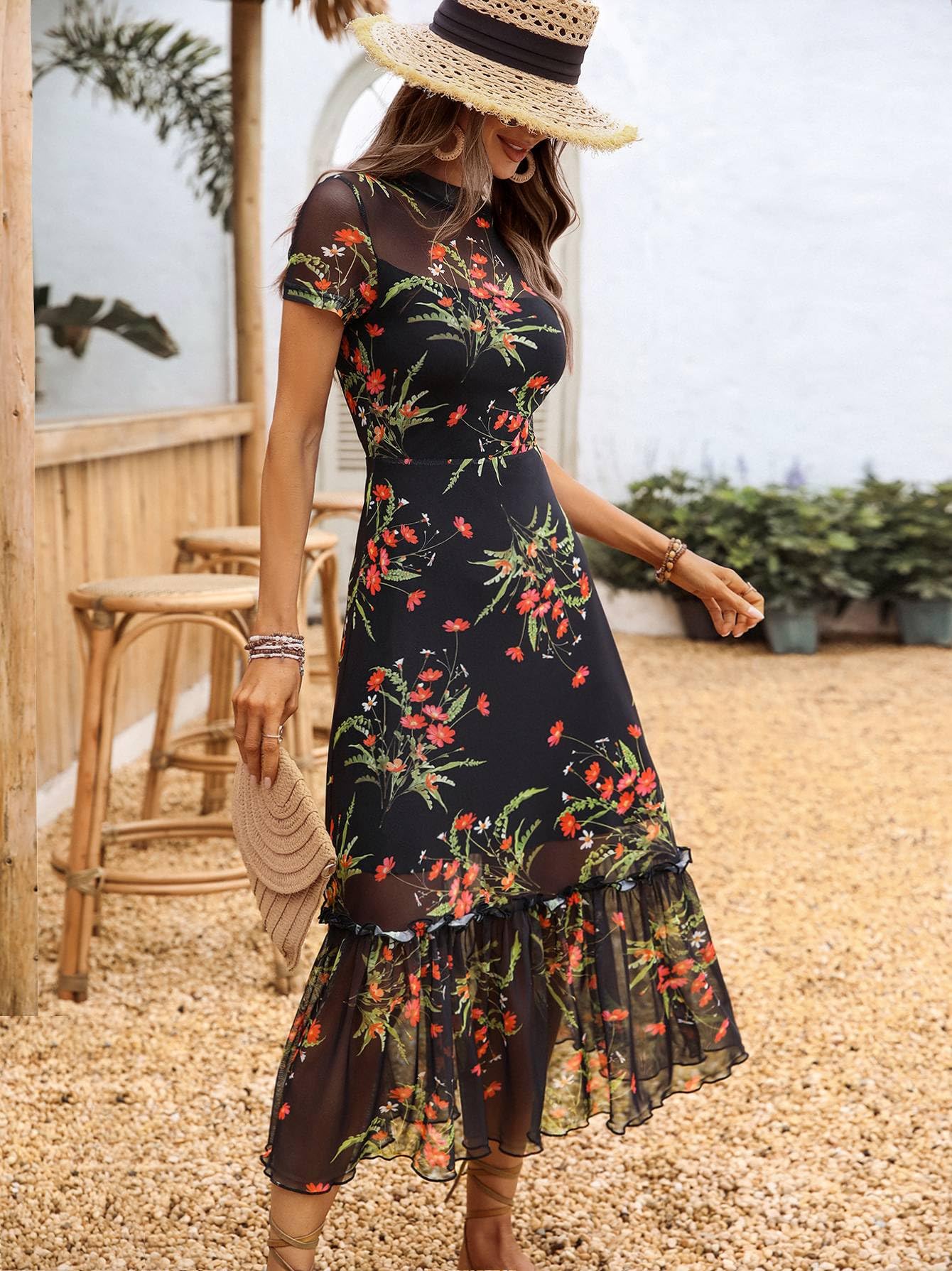 GothDark Women's Summer Floral Mesh Ruffle Dress Short Sleeve Round Neck Waist Cinched Casual Maxi Wedding Guest Dresses