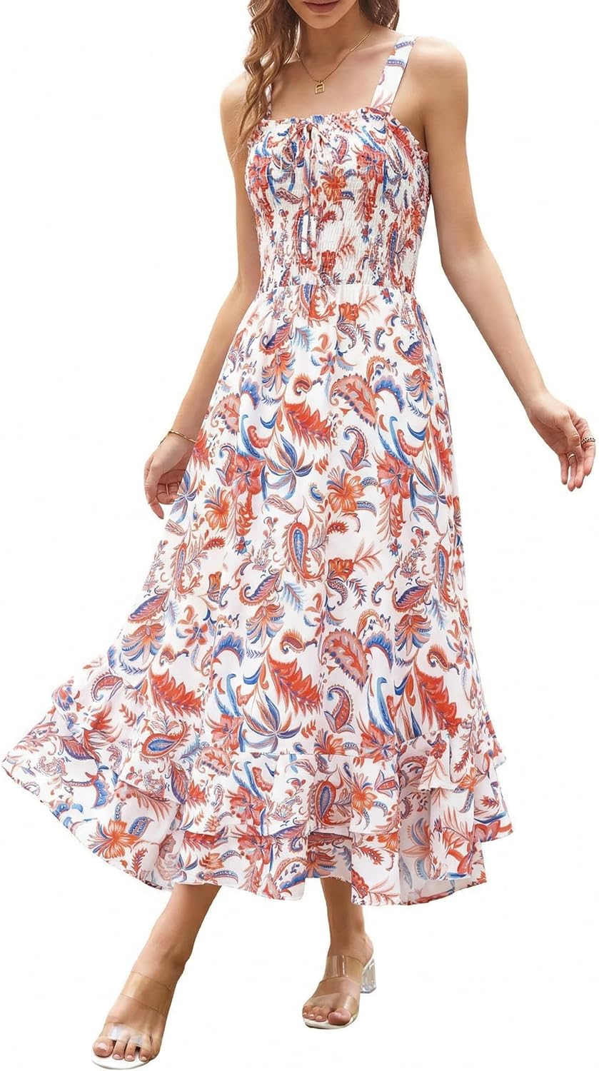 GRACE KARIN Women's 2026 Summer Floral Boho Dress Square Neck Strapped Swing A Line Sundress Beach Long Maxi Outfits