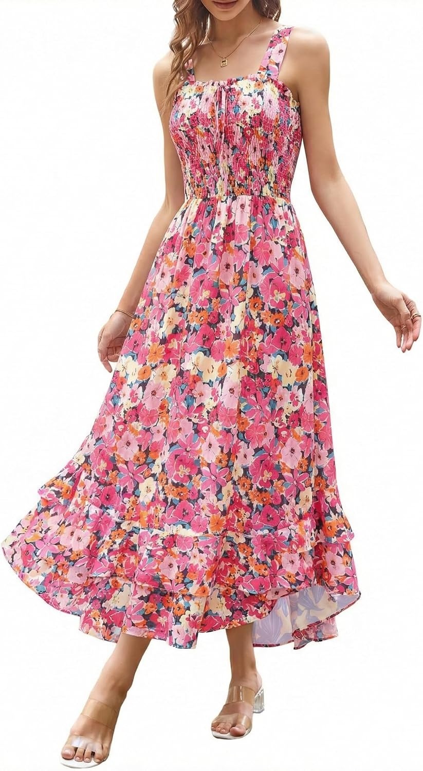 GRACE KARIN Women's 2026 Summer Floral Boho Dress Square Neck Strapped Swing A Line Sundress Beach Long Maxi Outfits