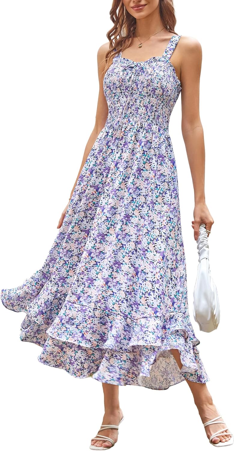 GRACE KARIN Women's 2026 Summer Floral Boho Dress Square Neck Strapped Swing A Line Sundress Beach Long Maxi Outfits