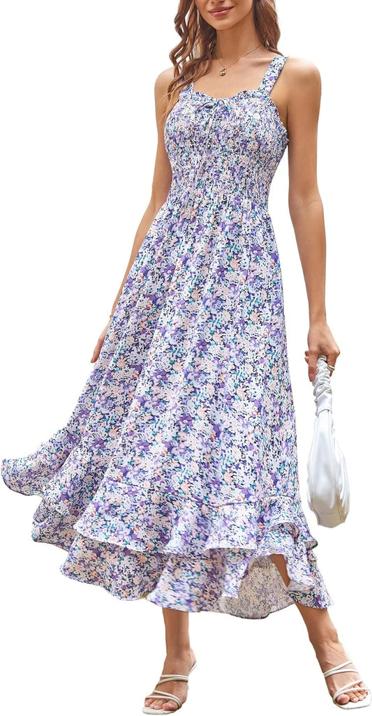 GRACE KARIN Women's 2026 Summer Floral Boho Dress Square Neck Strapped Swing A Line Sundress Beach Long Maxi Outfits