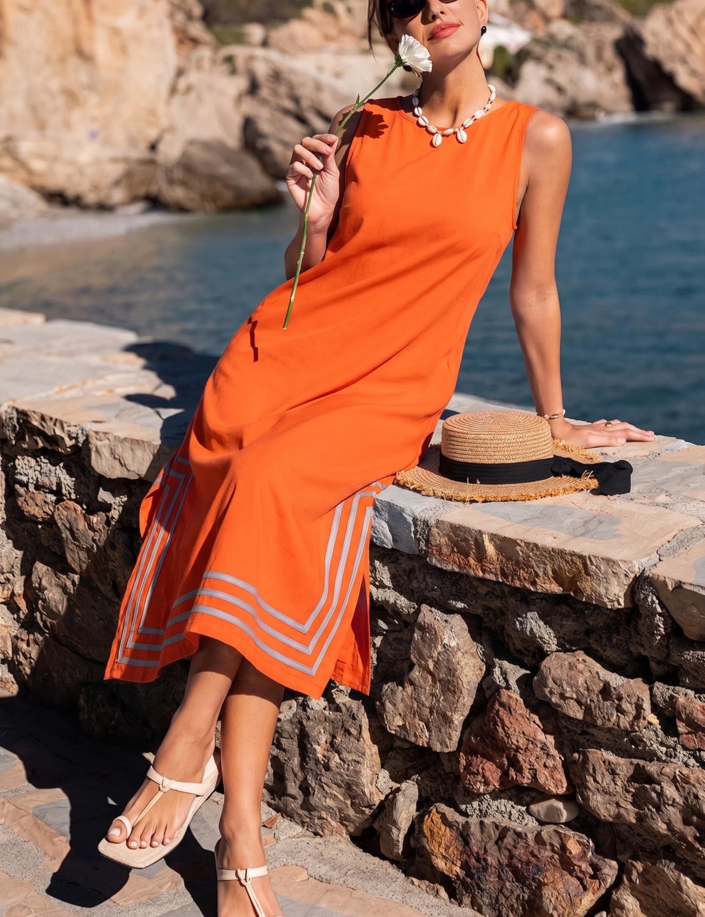 Womens Boho Linen Maxi Dress Sleeveless Split Sundress Color Block A-Line Coverups Beach Vacation Dress with Pockets