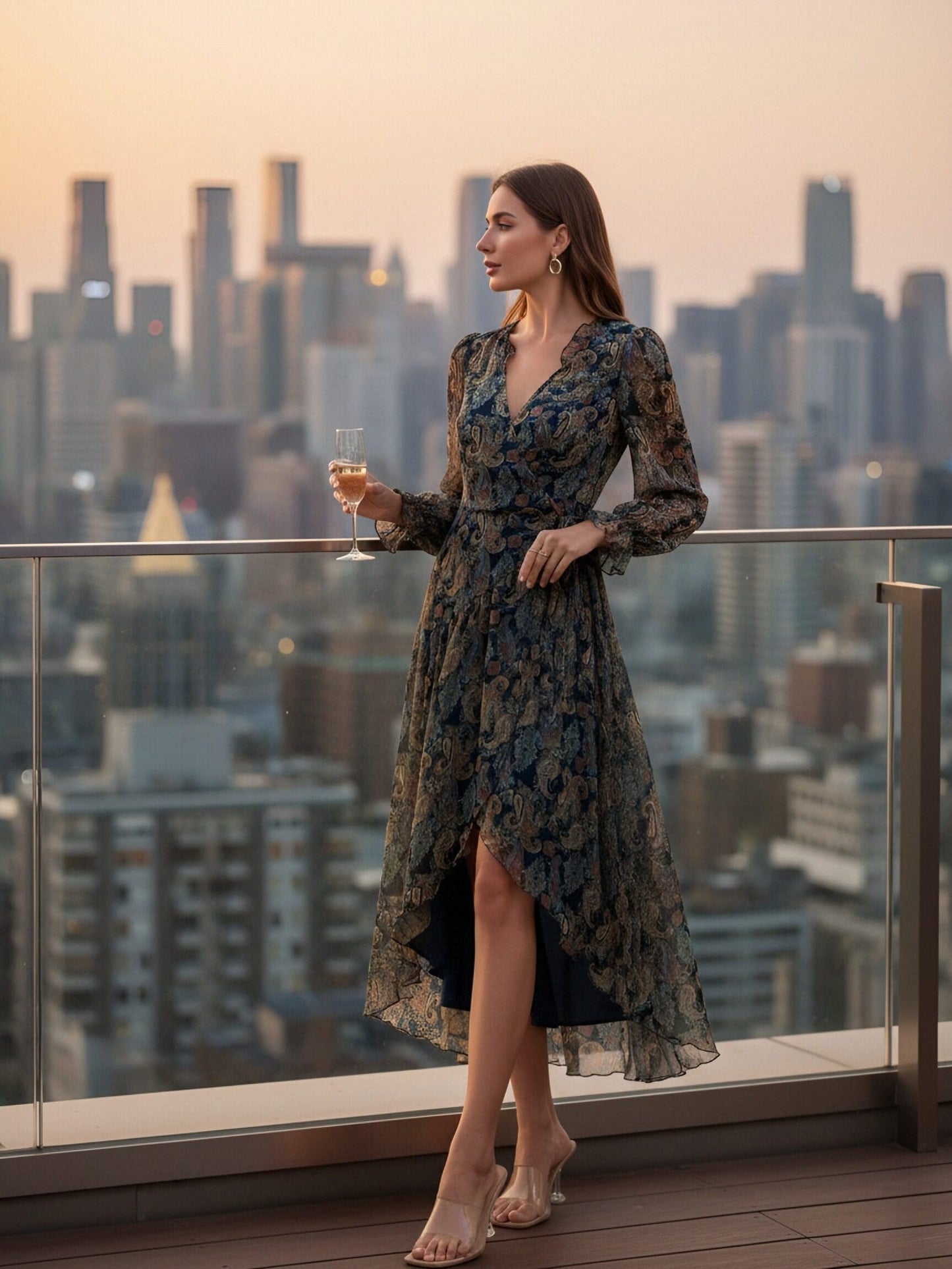 Women's Bohemian Floral Print Tie-Waist Wrap Midi Dress - Long Sleeve V-Neck Asymmetrical Hem Flowy Chiffon Dress