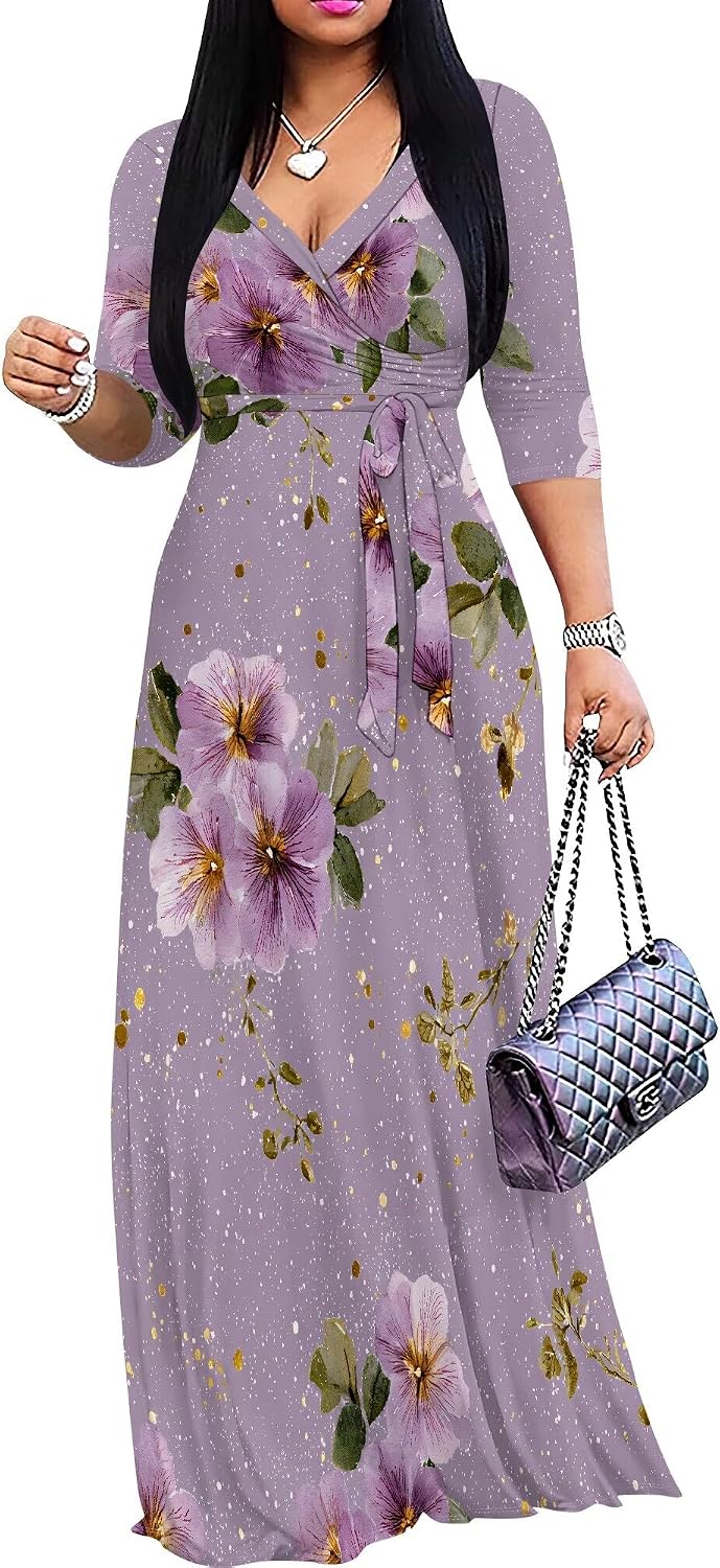 SUZONANA Plus Size Dresses for Women Floral Print Maxi Dress Flowy 3/4 Sleeve with Belt