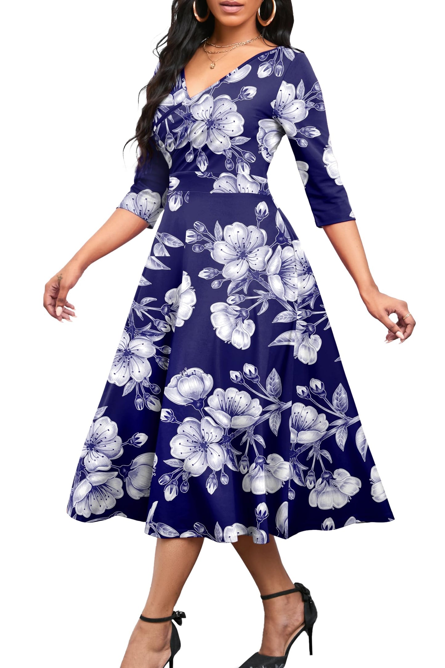 Nmoder Women's Casual Wrap Flared Midi Dress Wedding Guest Cocktail Tea Dresses A-Line Swing V-Neck 3/4 Sleeve