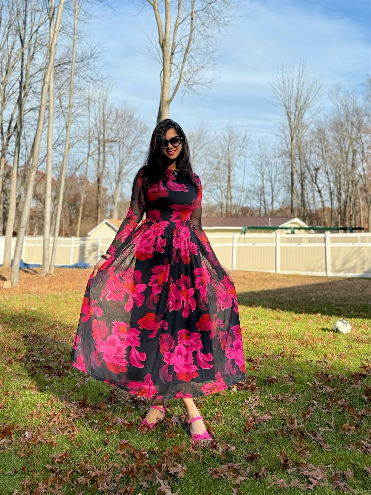 Women's Maxi Dress 2026 Spring Long Sleeve Crewneck Mesh Floral Dress Drop Waist Party Wedding Guest Dresses