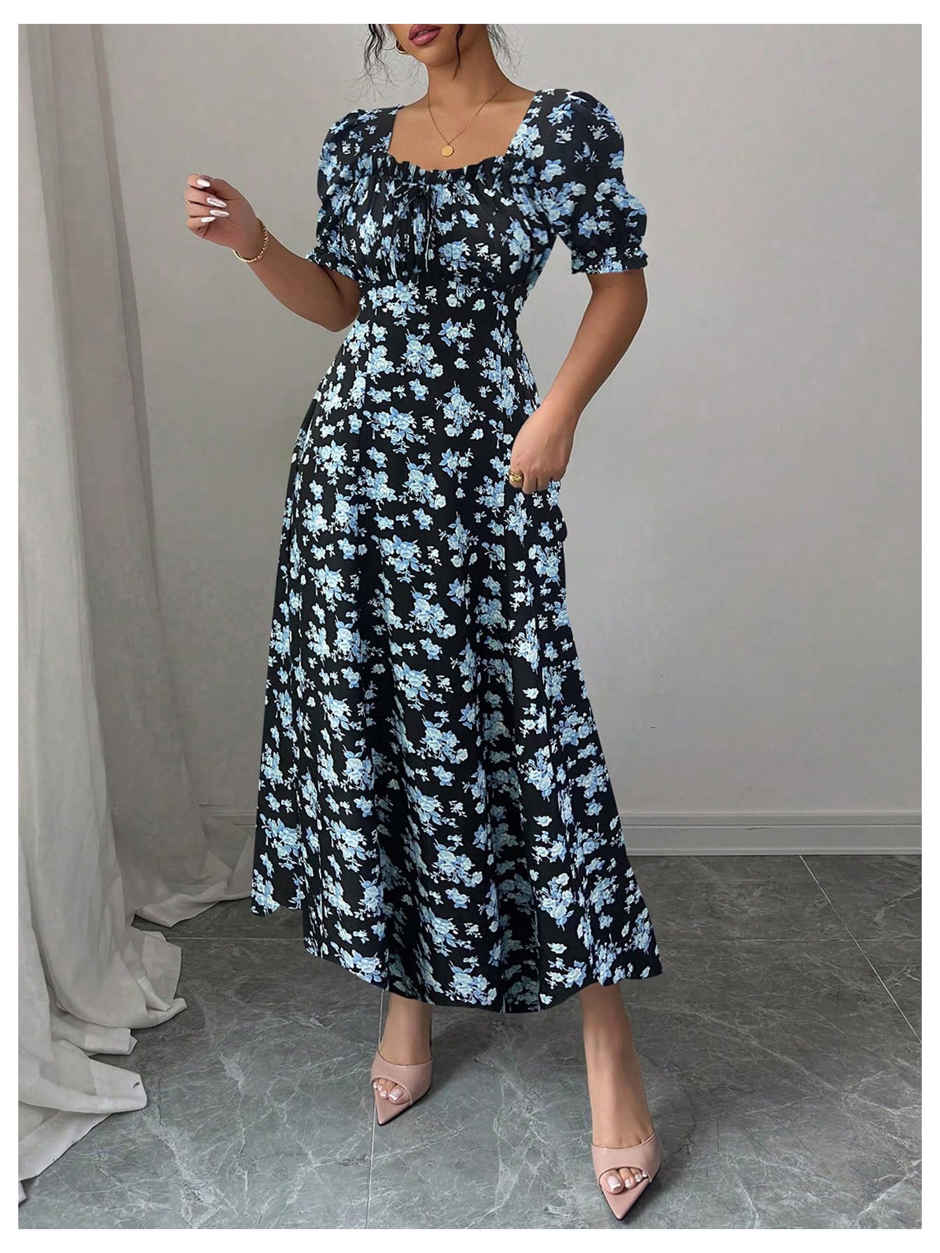Floerns Women's Floral Short Puff Sleeve Milkmaid Dress Boho A Line Long Dresses